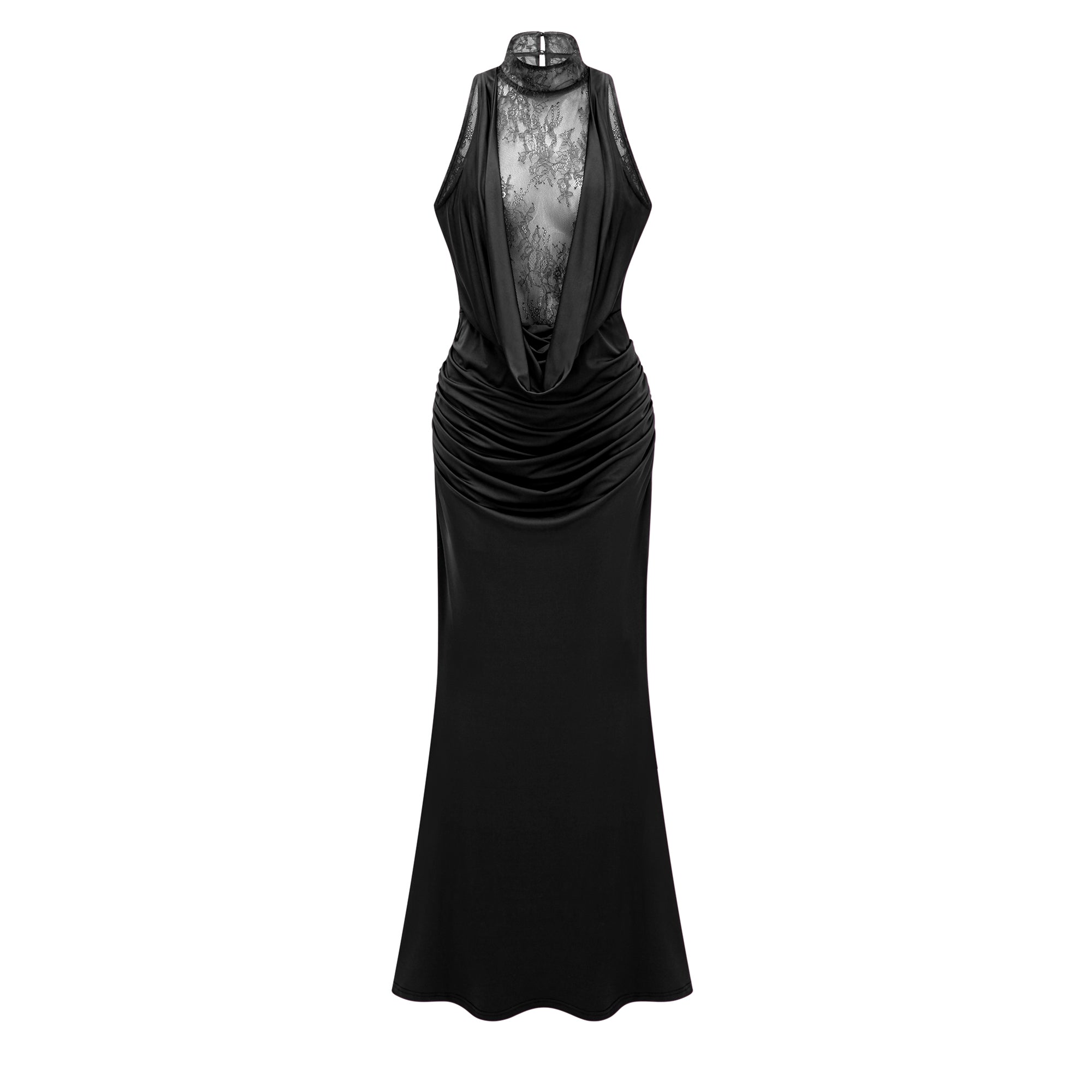 Borbála Black Lace Bodice Ruched Maxi Dress (Final Sale-US Only)