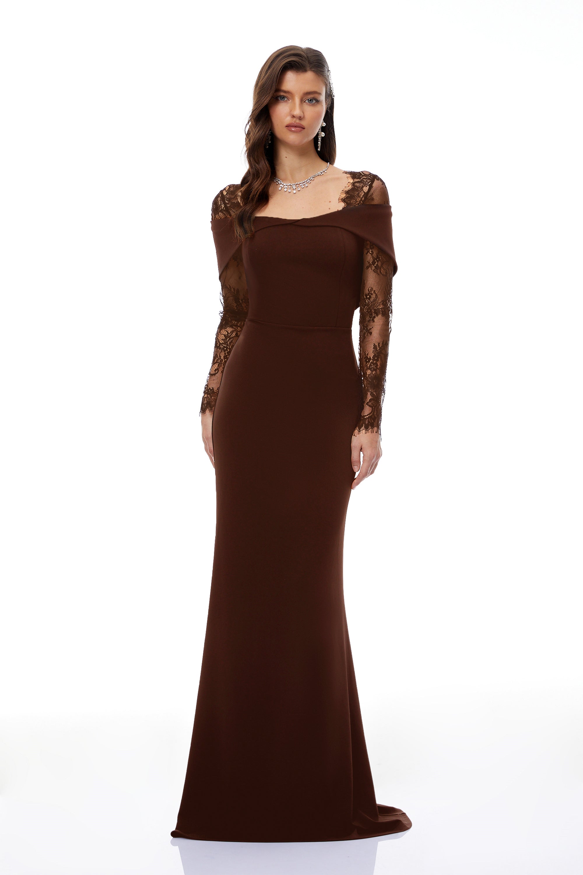  Lace Panel Flared Maxi Gown