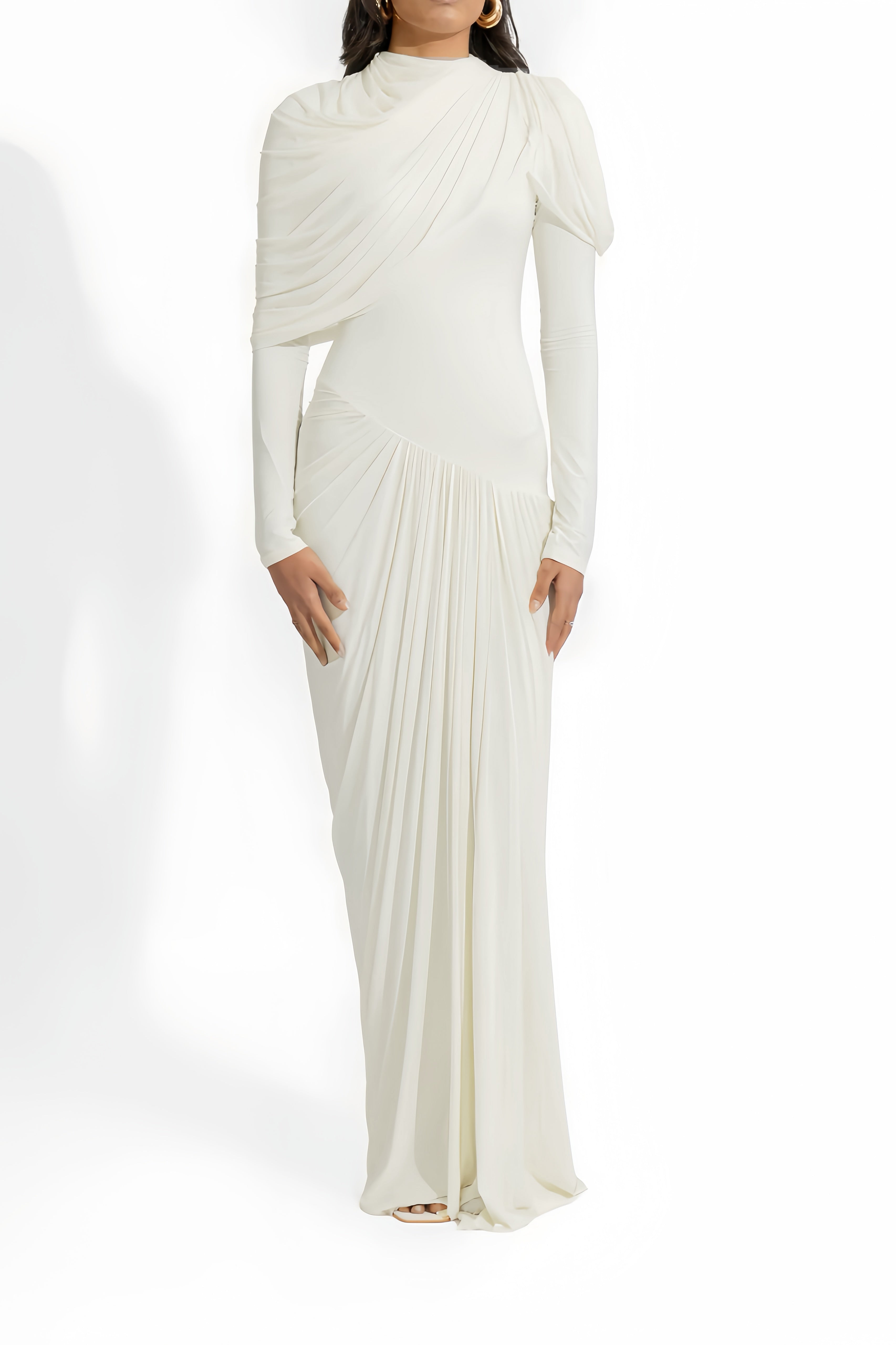 Bronwyn White Draped Pleated Asymmetrical Maxi Dress (Final Sale)