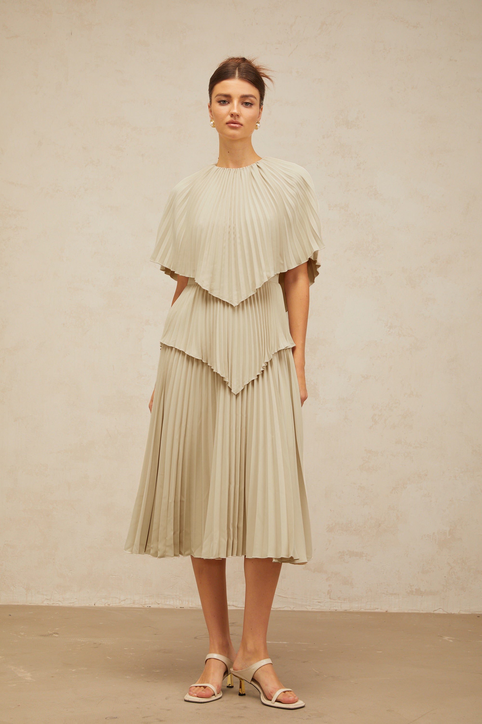 Héloïse neutrals cape pleated midi dress (Final Sale-US Only)