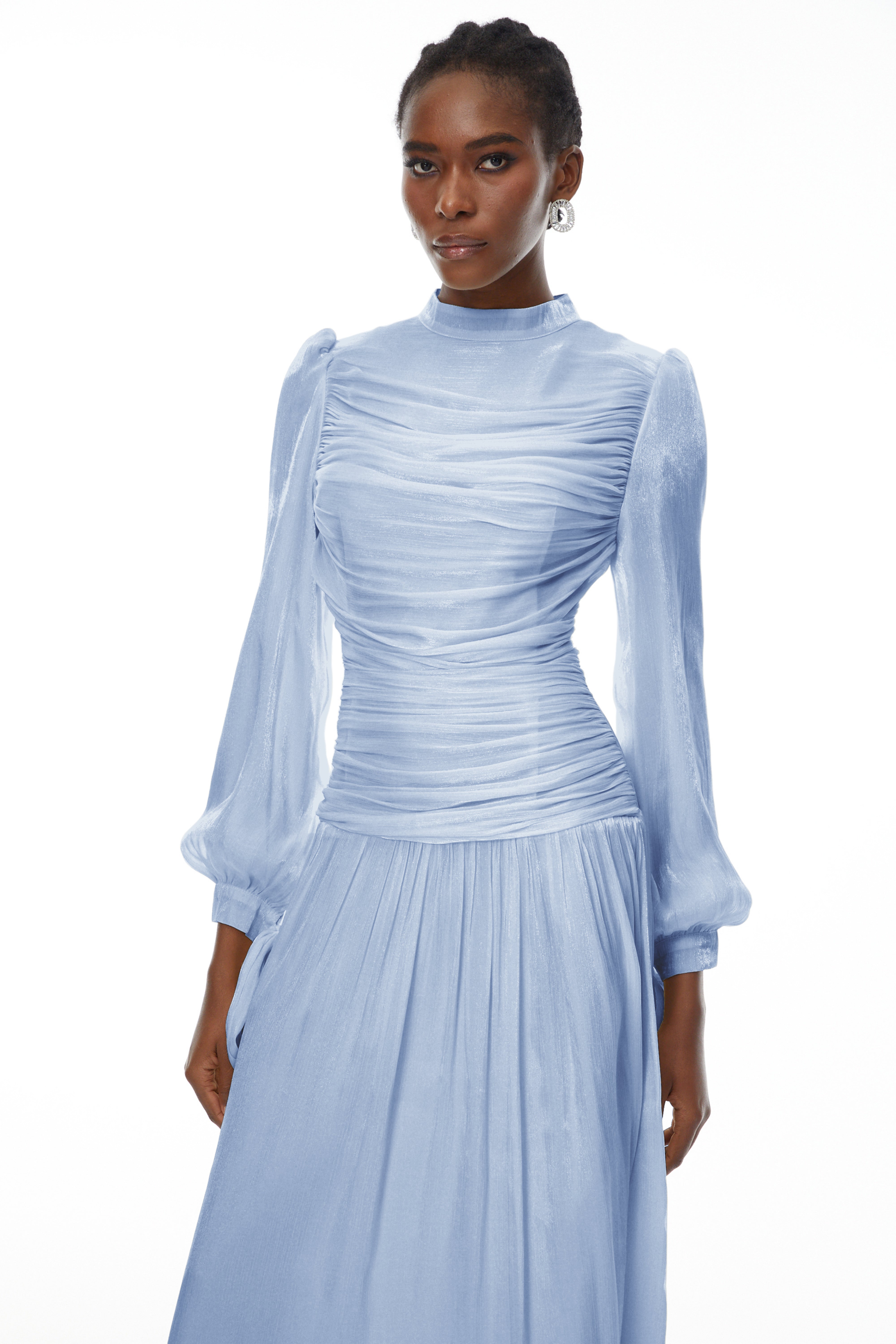 Katrín Blue Glossy Gathered Maxi Dress (Final Sale-US Only)