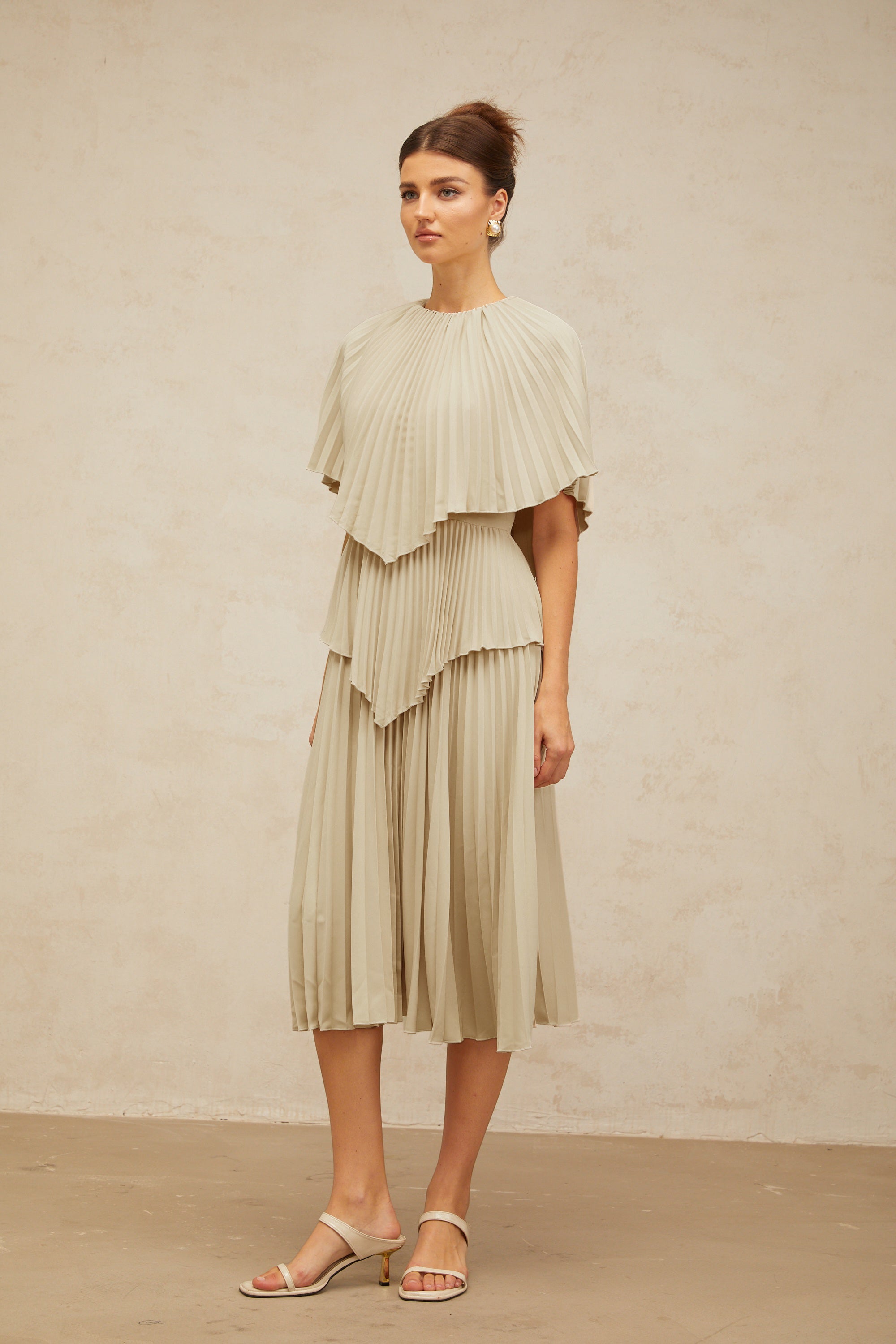 Héloïse neutrals cape pleated midi dress (Final Sale-US Only)