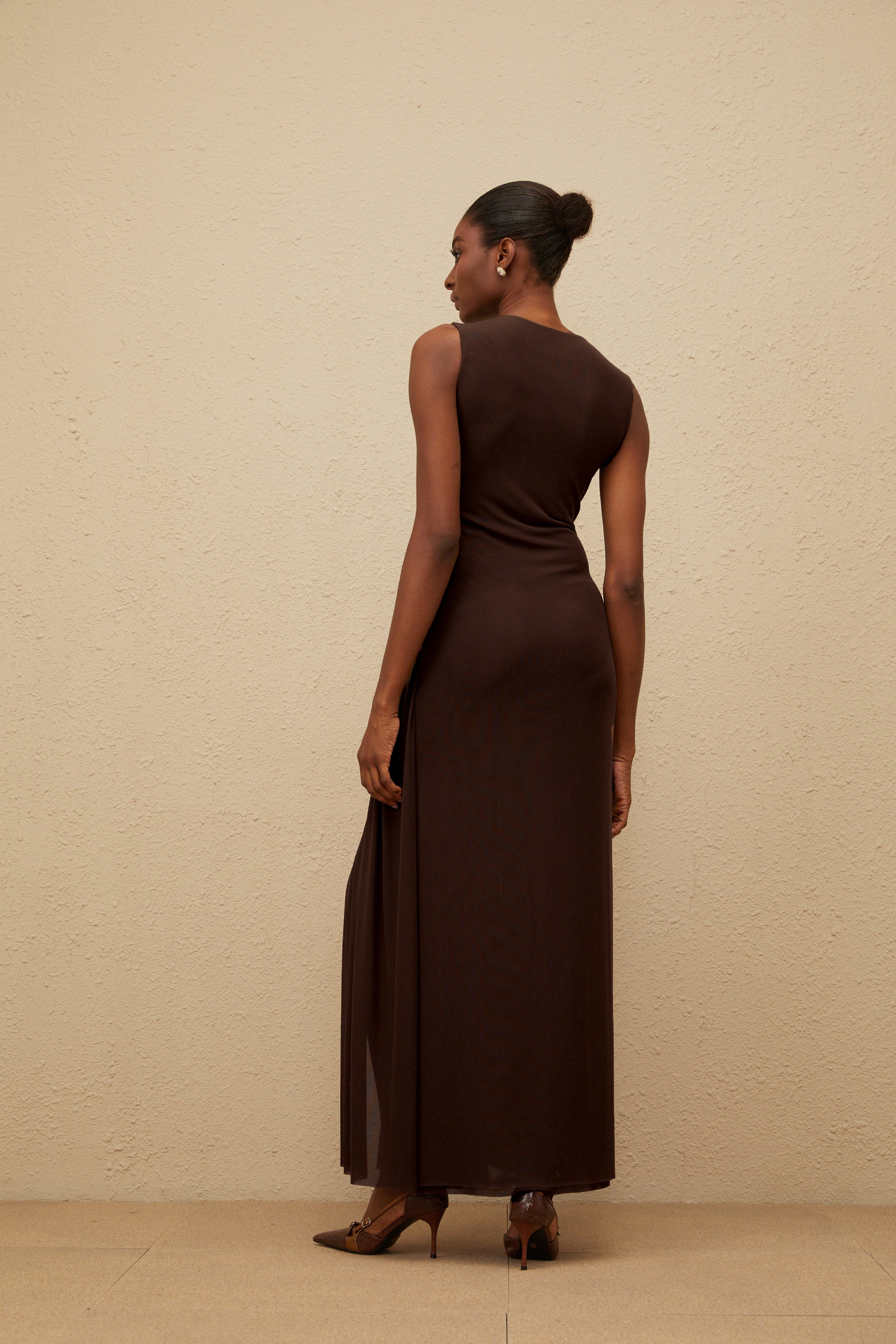 Daphné Brown Asymmetrical Braided Tulle Midi Dress (Final Sale-US Only)