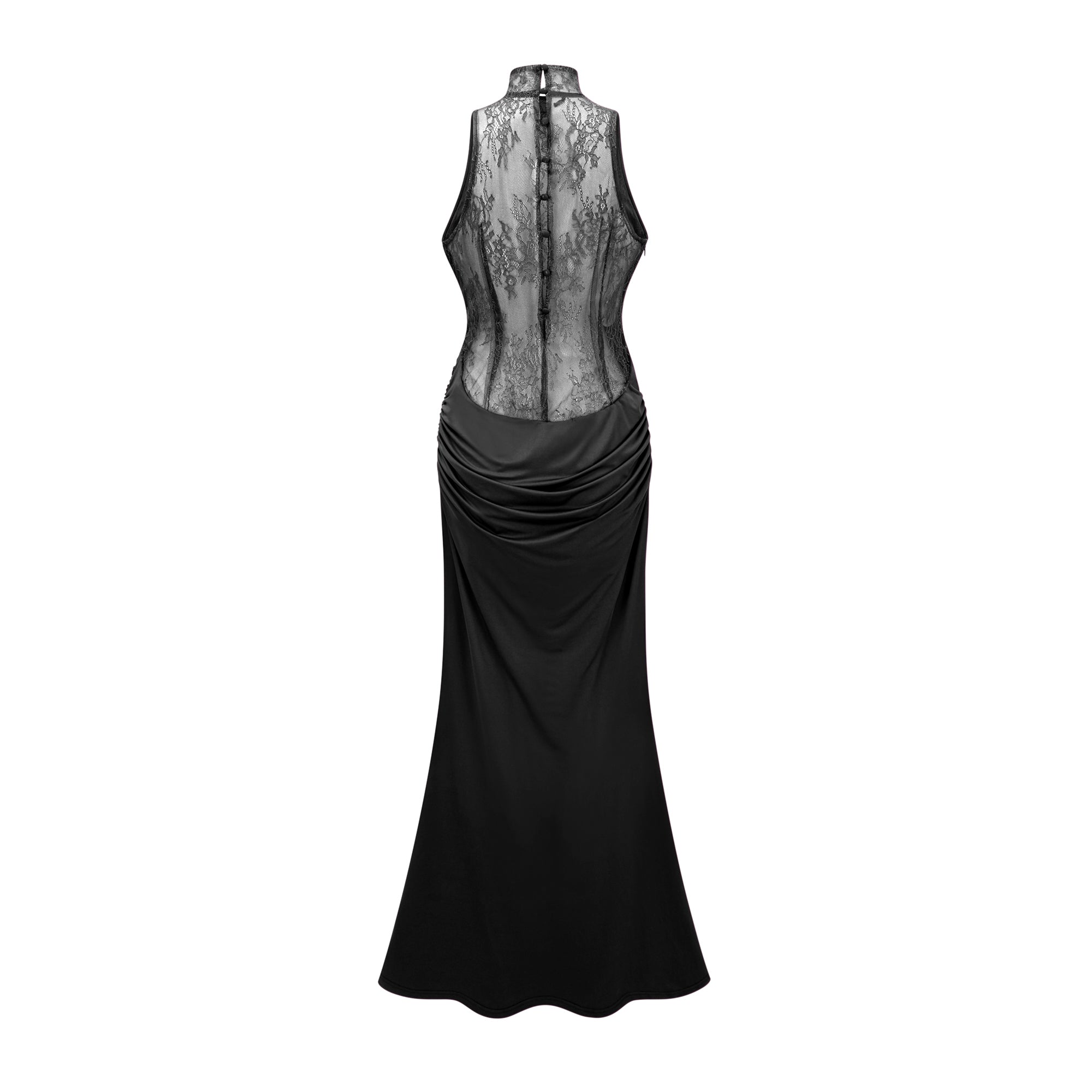 Borbála Black Lace Bodice Ruched Maxi Dress (Final Sale-US Only)