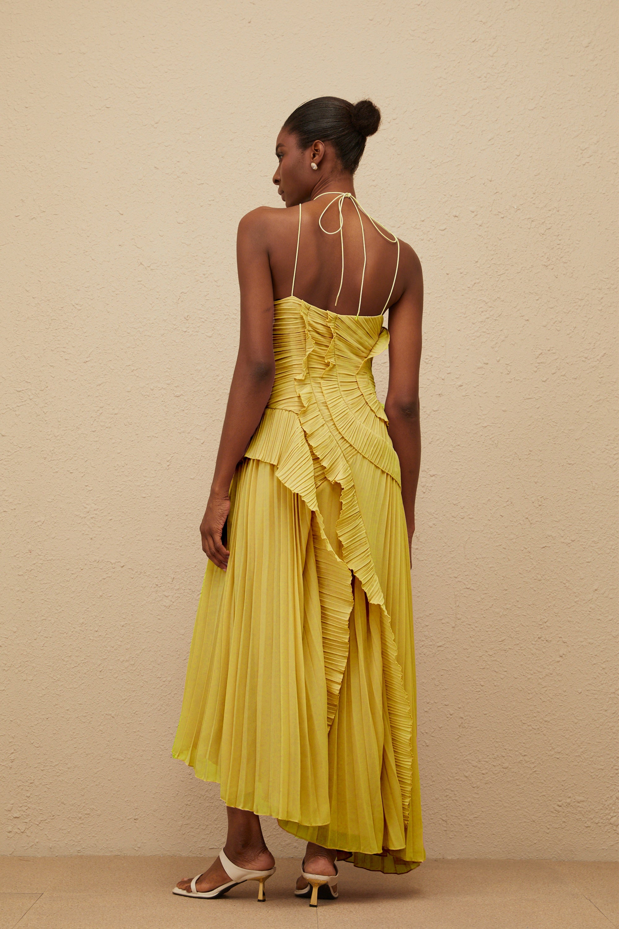 Doux Yellow Ruffled Trim Pleated Midi Dress (Final Sale)
