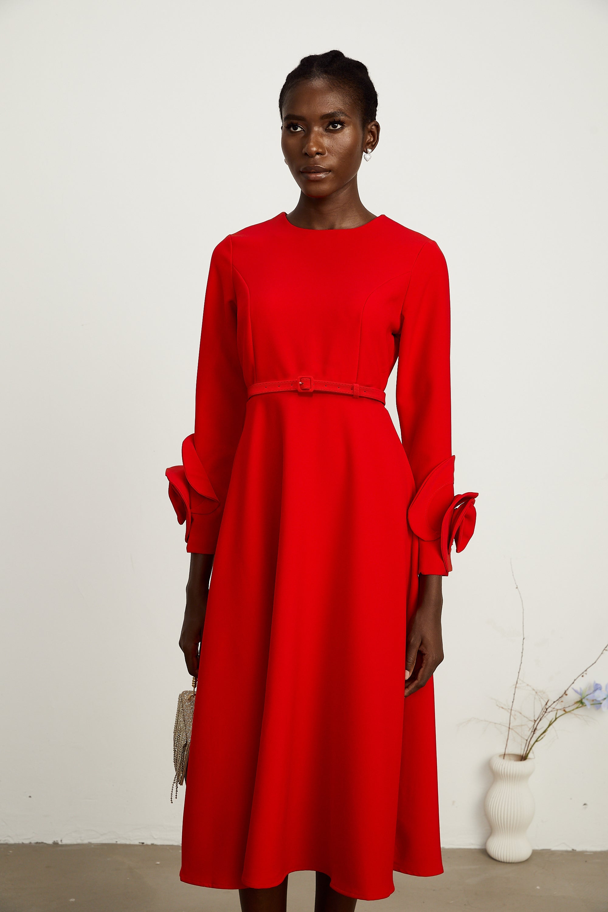 Aurelia red long-sleeve dress with floral embellishments (Final Sale)