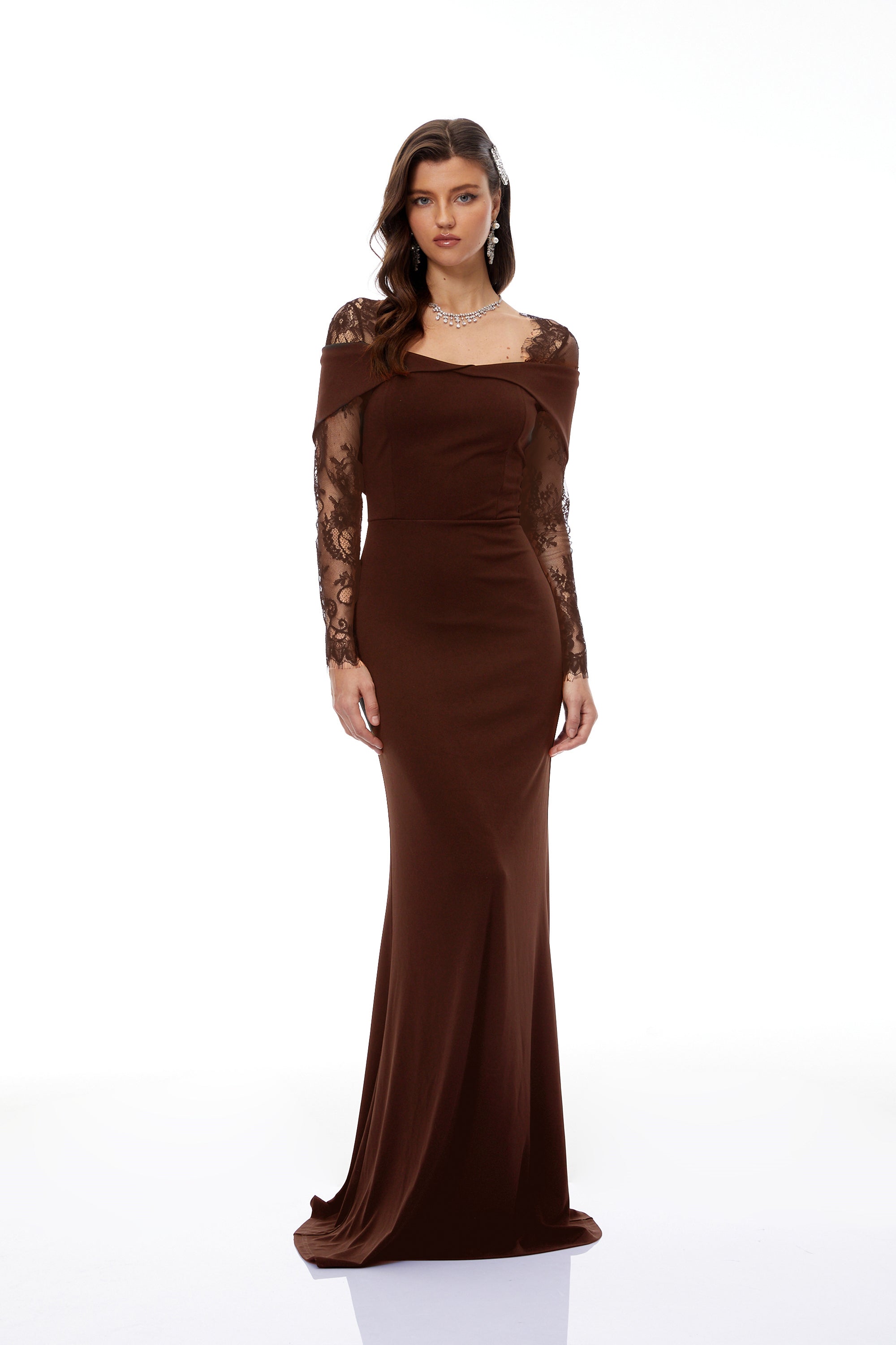  Lace Panel Flared Maxi Gown