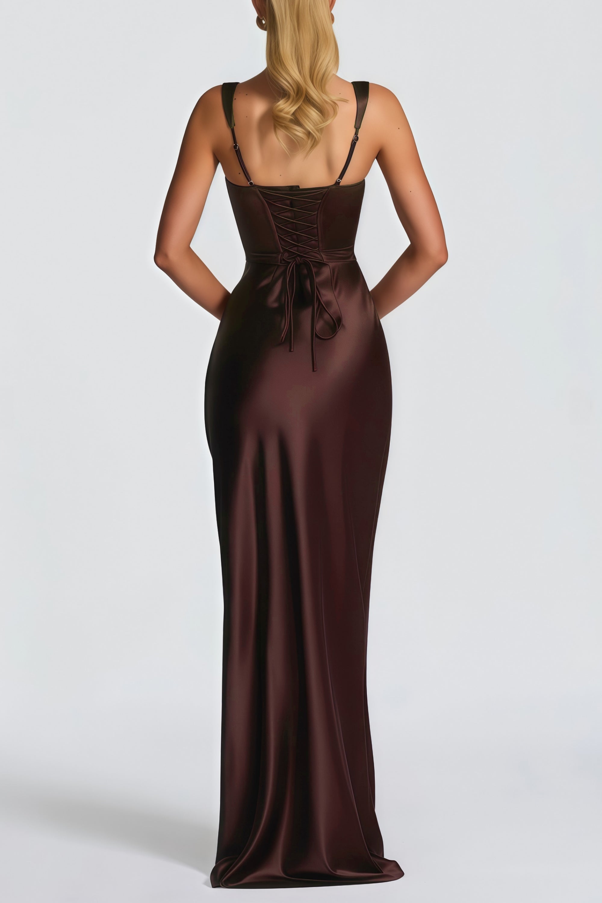 Inmaculada Brown Ruched Satin Maxi Dress (Without Gloves) (Final Sale-US Only)