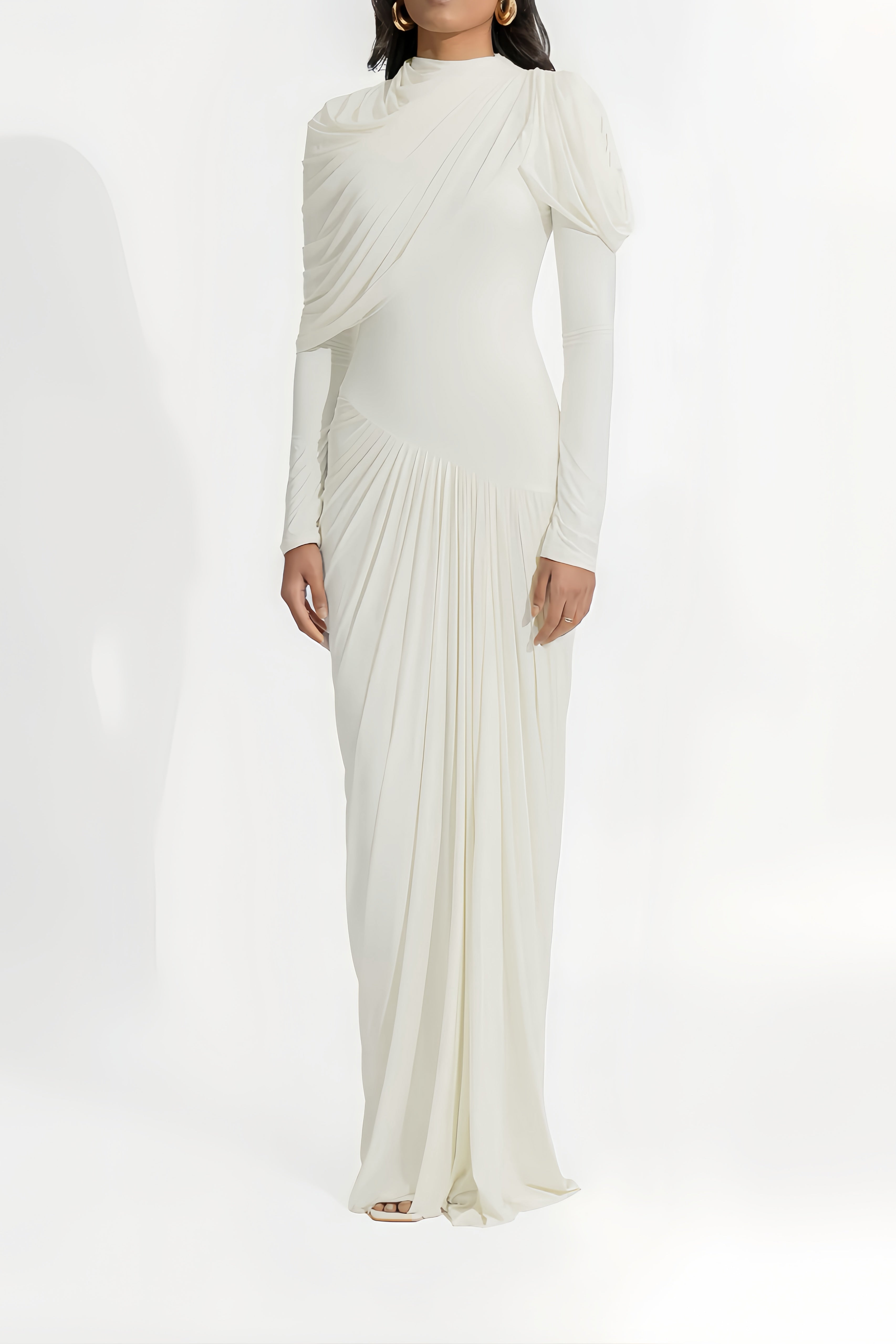 Bronwyn White Draped Pleated Asymmetrical Maxi Dress (Final Sale)
