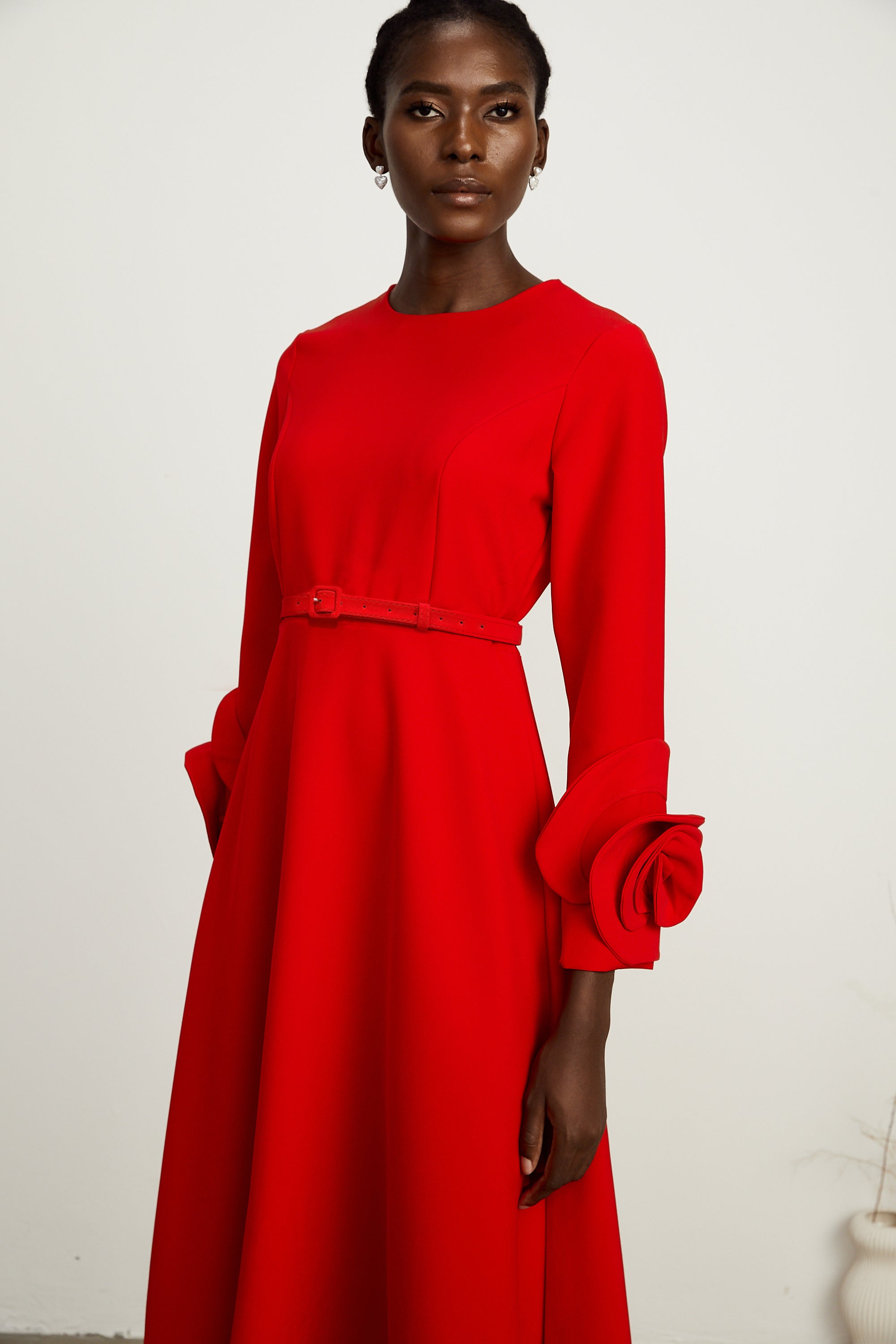Aurelia red long-sleeve dress with floral embellishments (Final Sale)