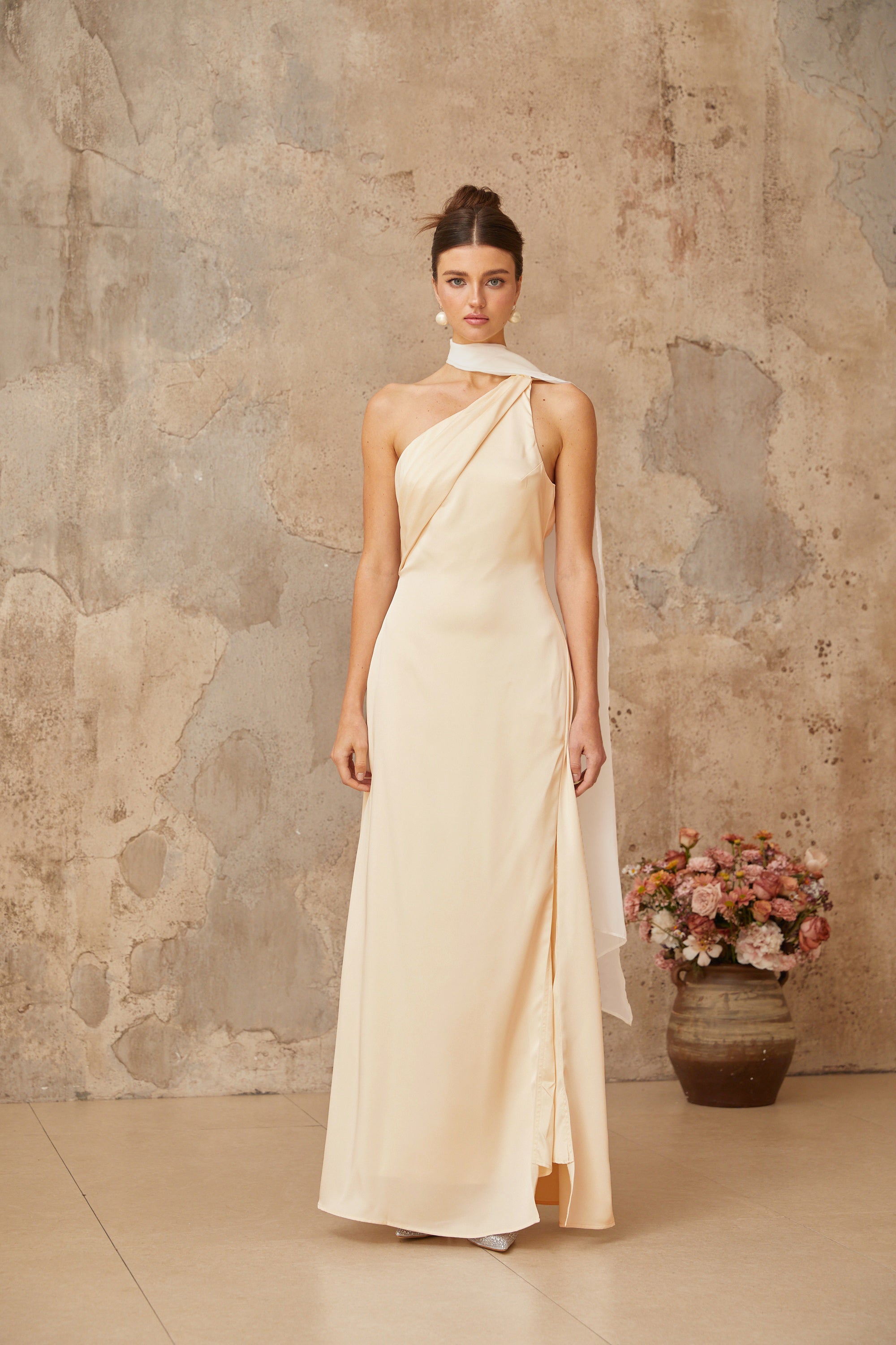 Thérèse neutral scarf-design satin maxi dress (Final Sale)