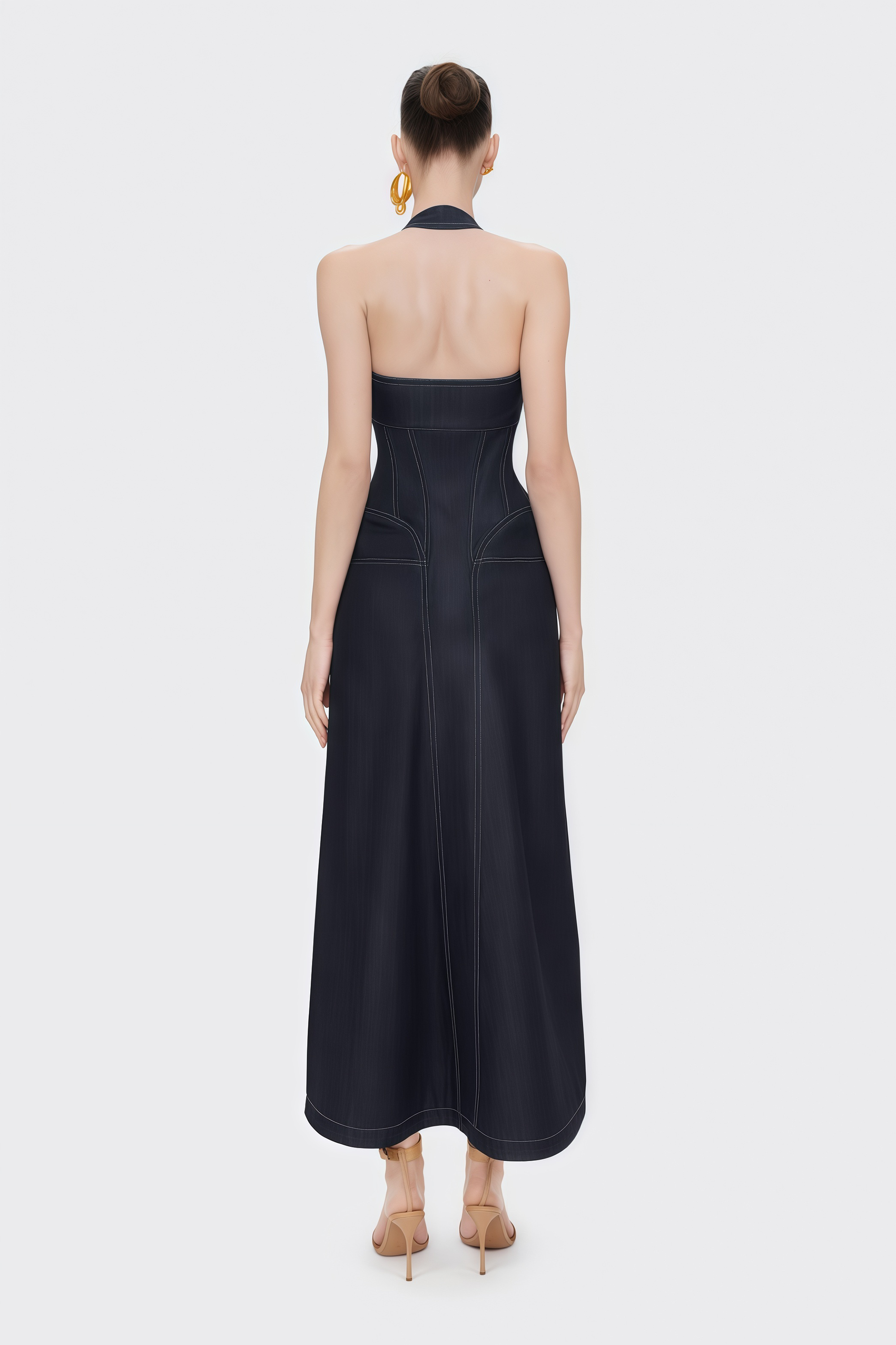 Adrienne black denim front-slit contrast-stitching maxi dress (Final Sale)