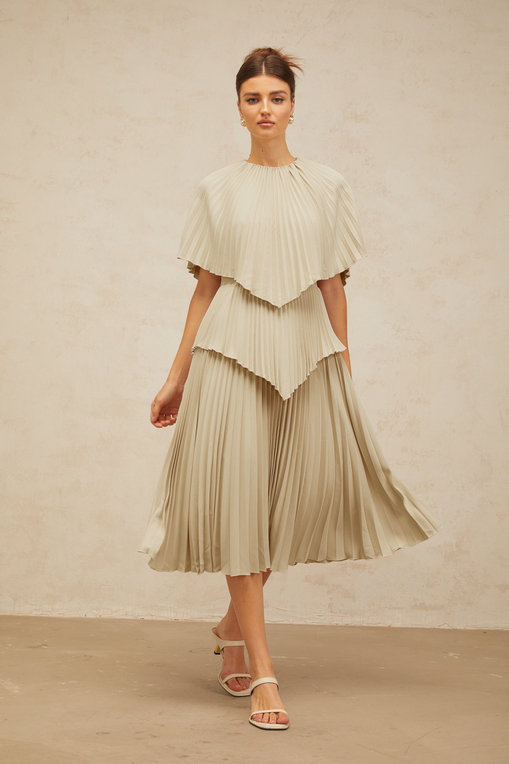 Héloïse neutrals cape pleated midi dress (Final Sale-US Only)