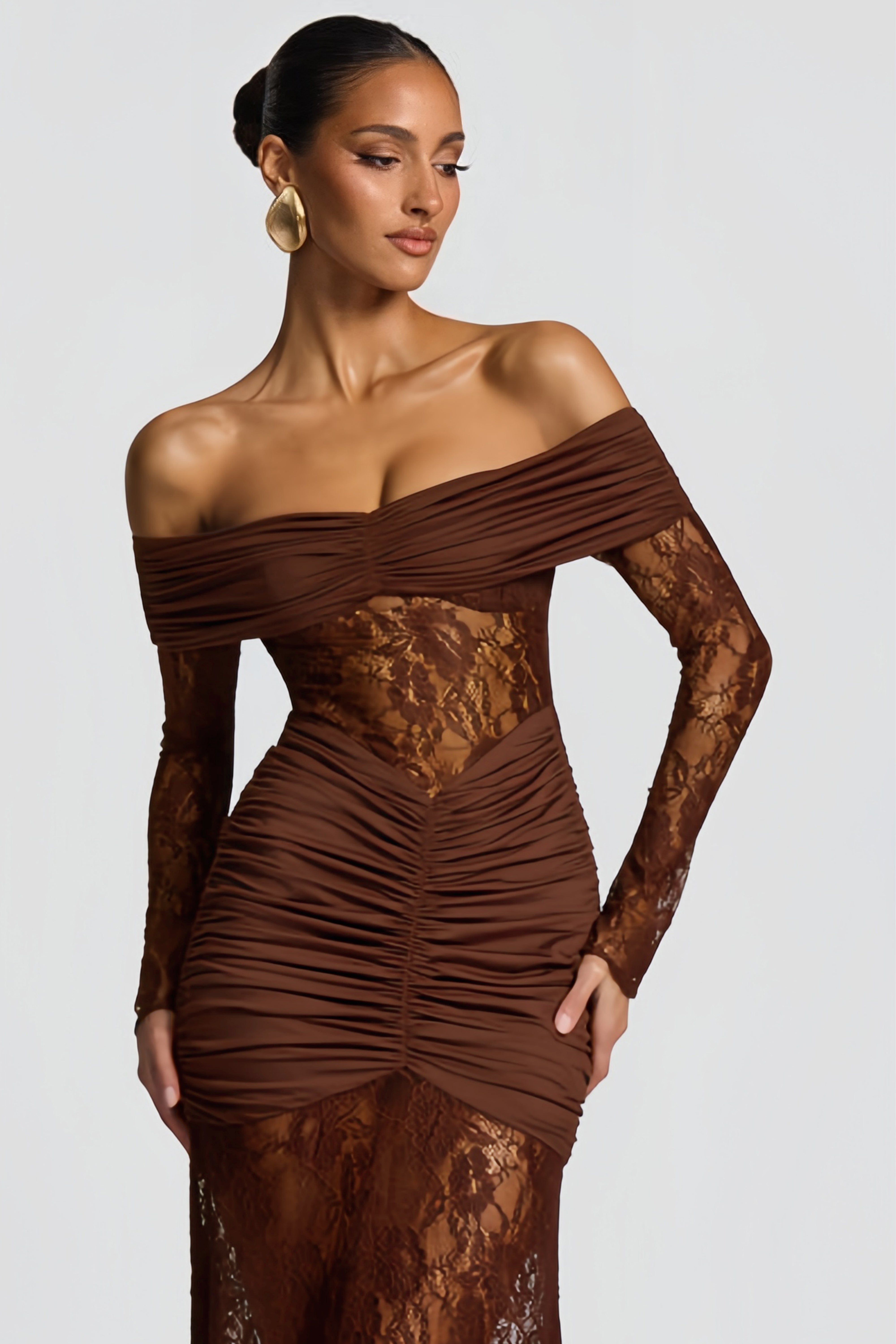 Brigitte Brown Lace Panel Ruched Maxi Dress (Final Sale)