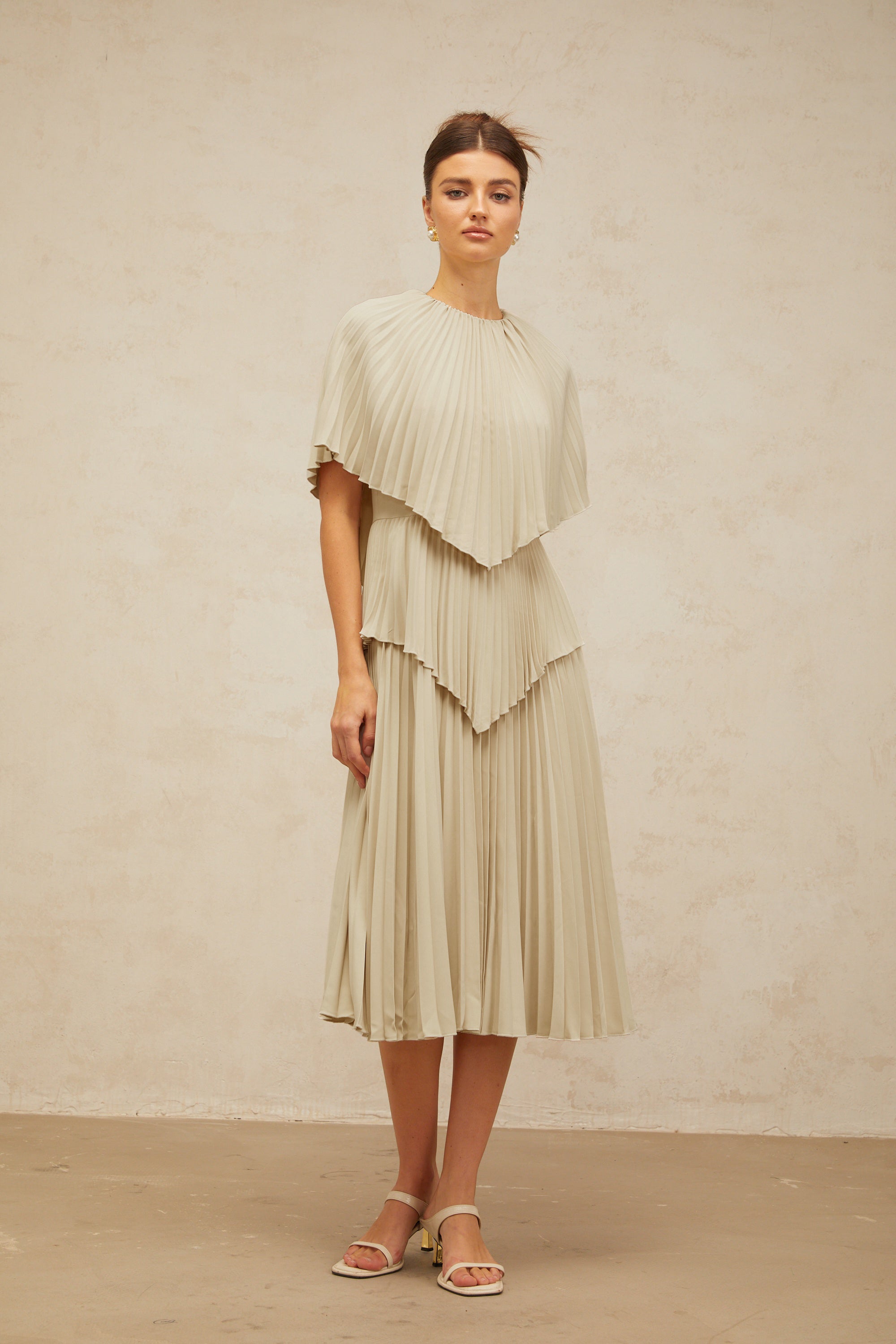 Héloïse neutrals cape pleated midi dress (Final Sale-US Only)