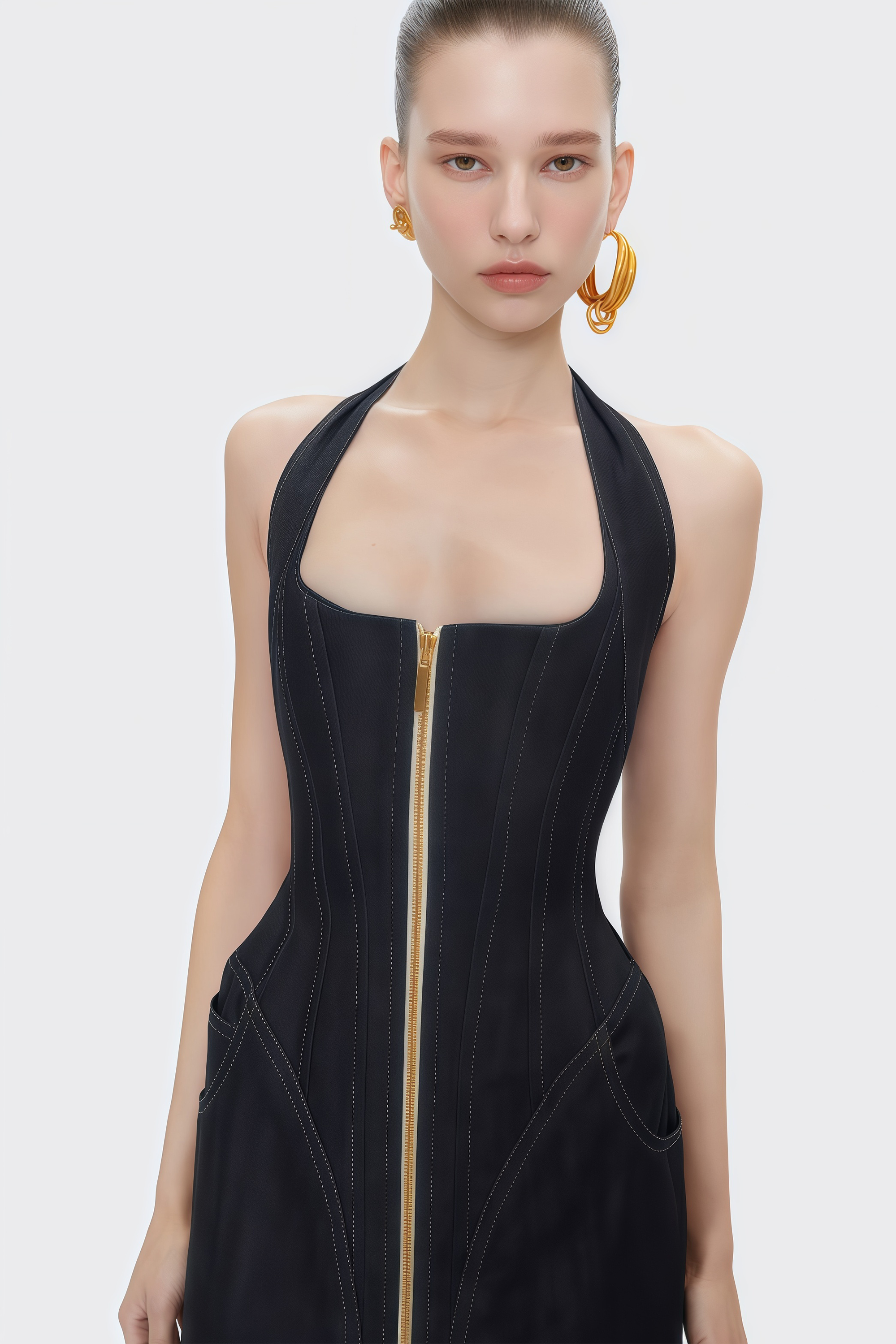 Adrienne black denim front-slit contrast-stitching maxi dress (Final Sale)