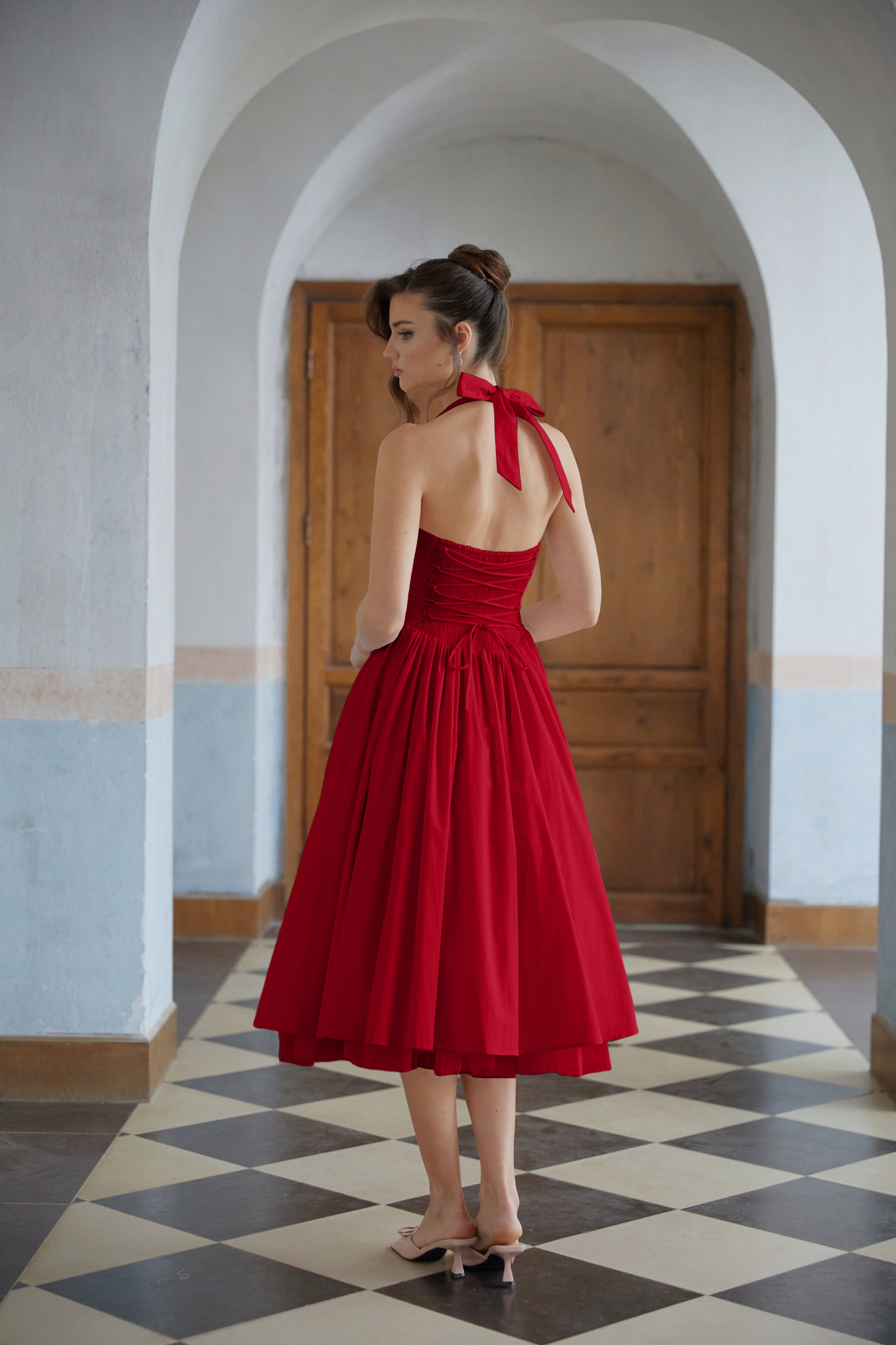 Eponine Red Layered Flared Hem Midi Dress (Final Sale)