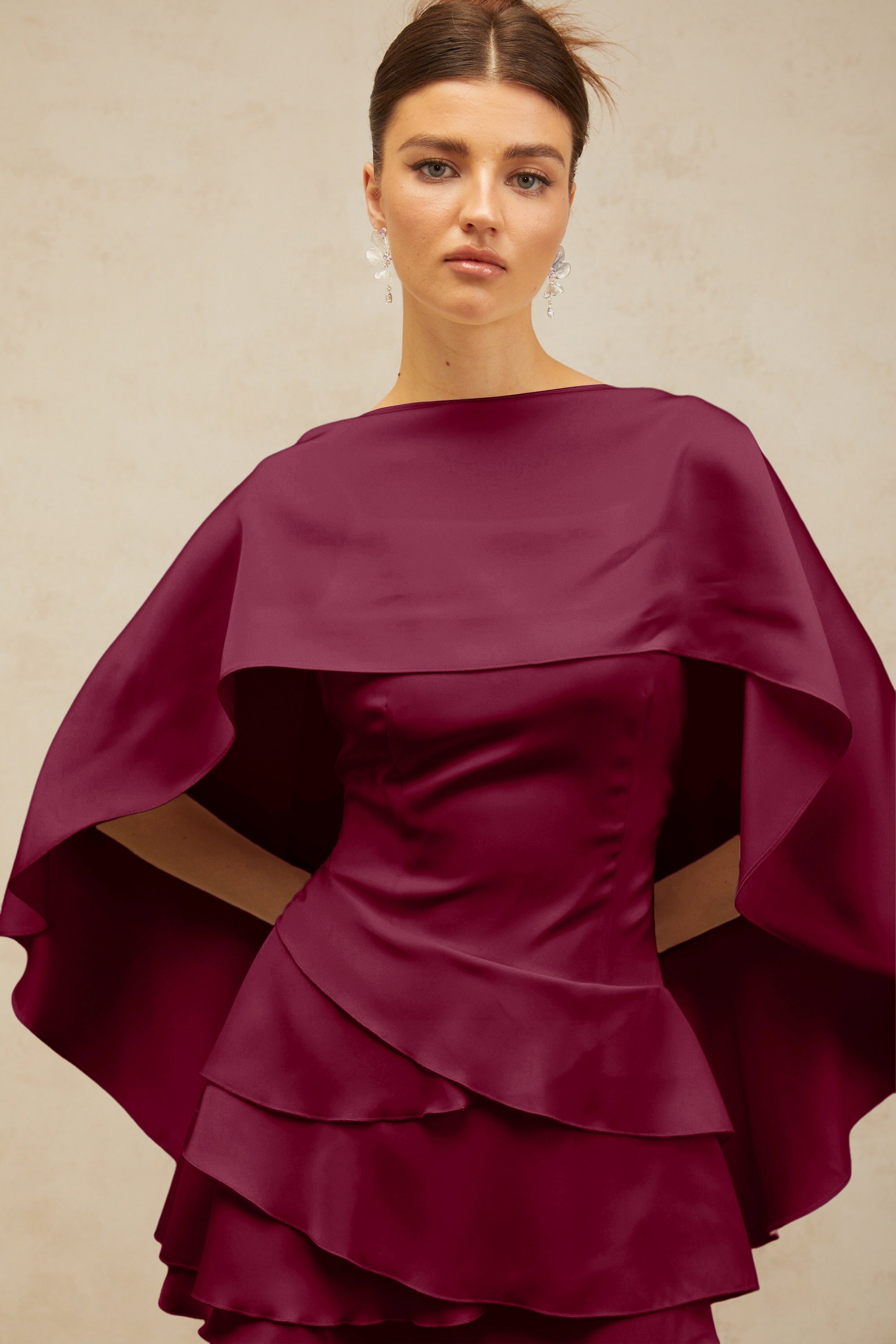 Lyna shawl-panel ruffled satin mini dress in Red (Final Sale)