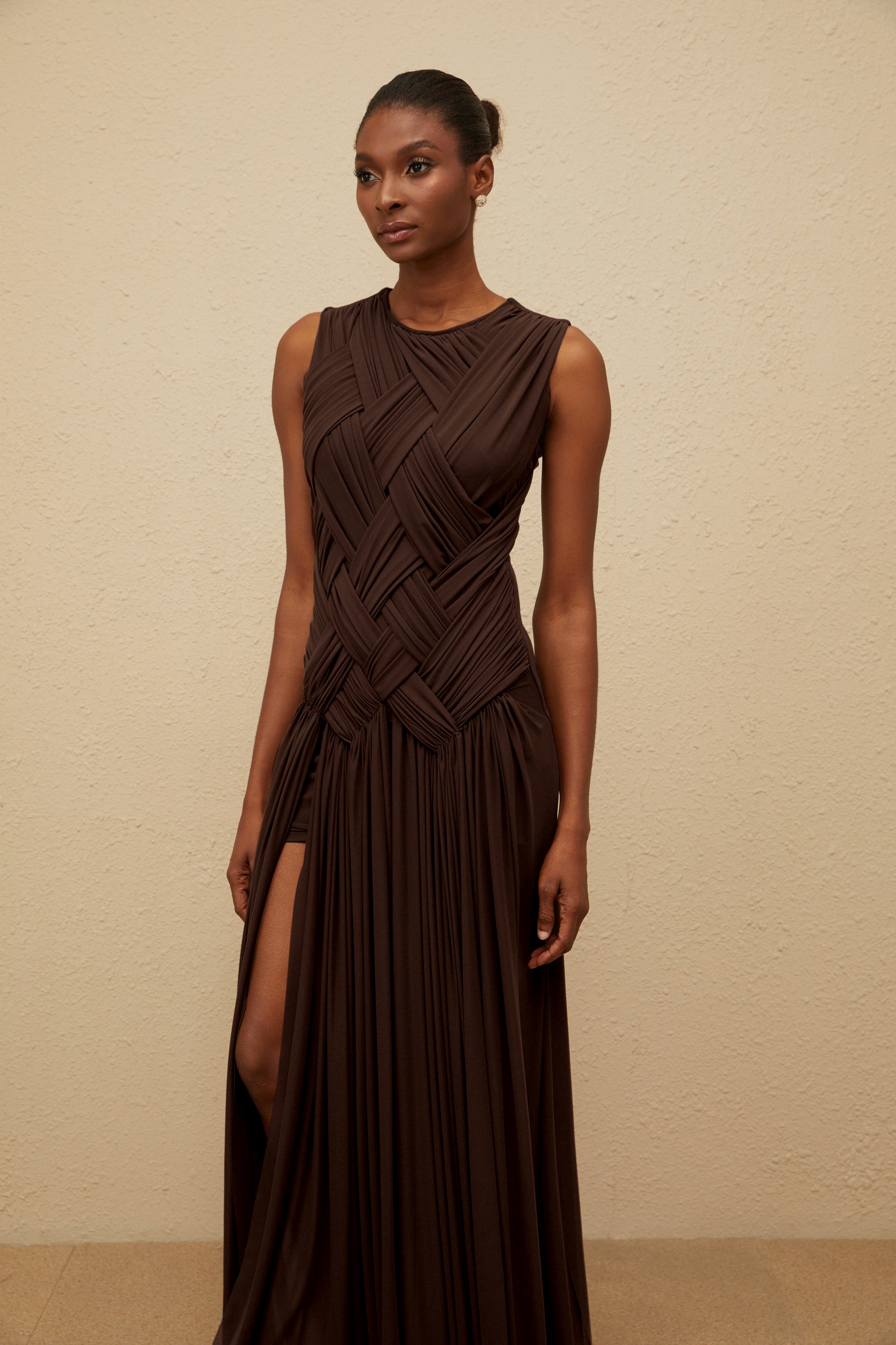 Daphné Brown Asymmetrical Braided Tulle Midi Dress (Final Sale-US Only)