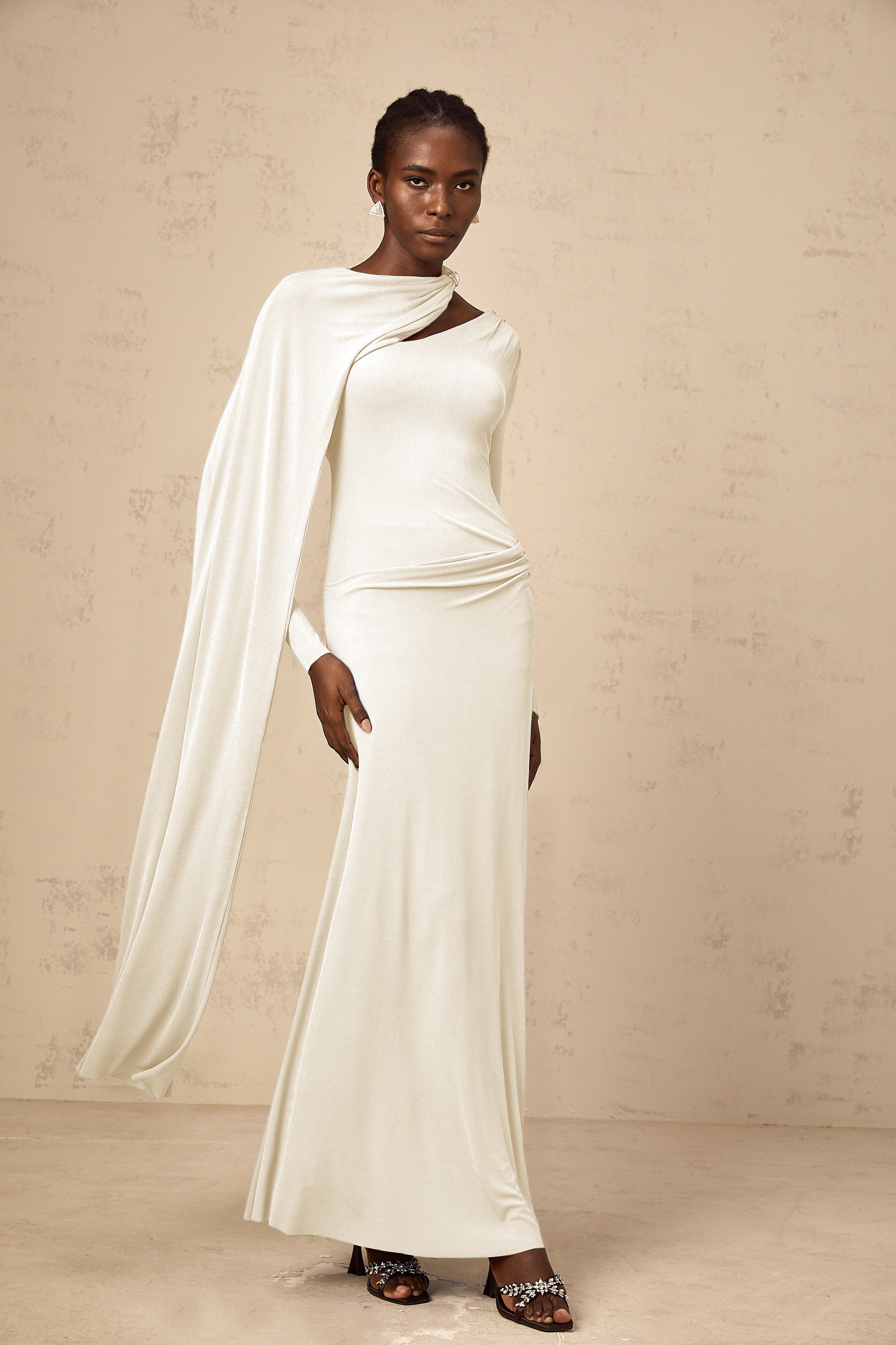 Josette White Diagonal Shawl Fitted Maxi Dress (Final Sale-US Only)