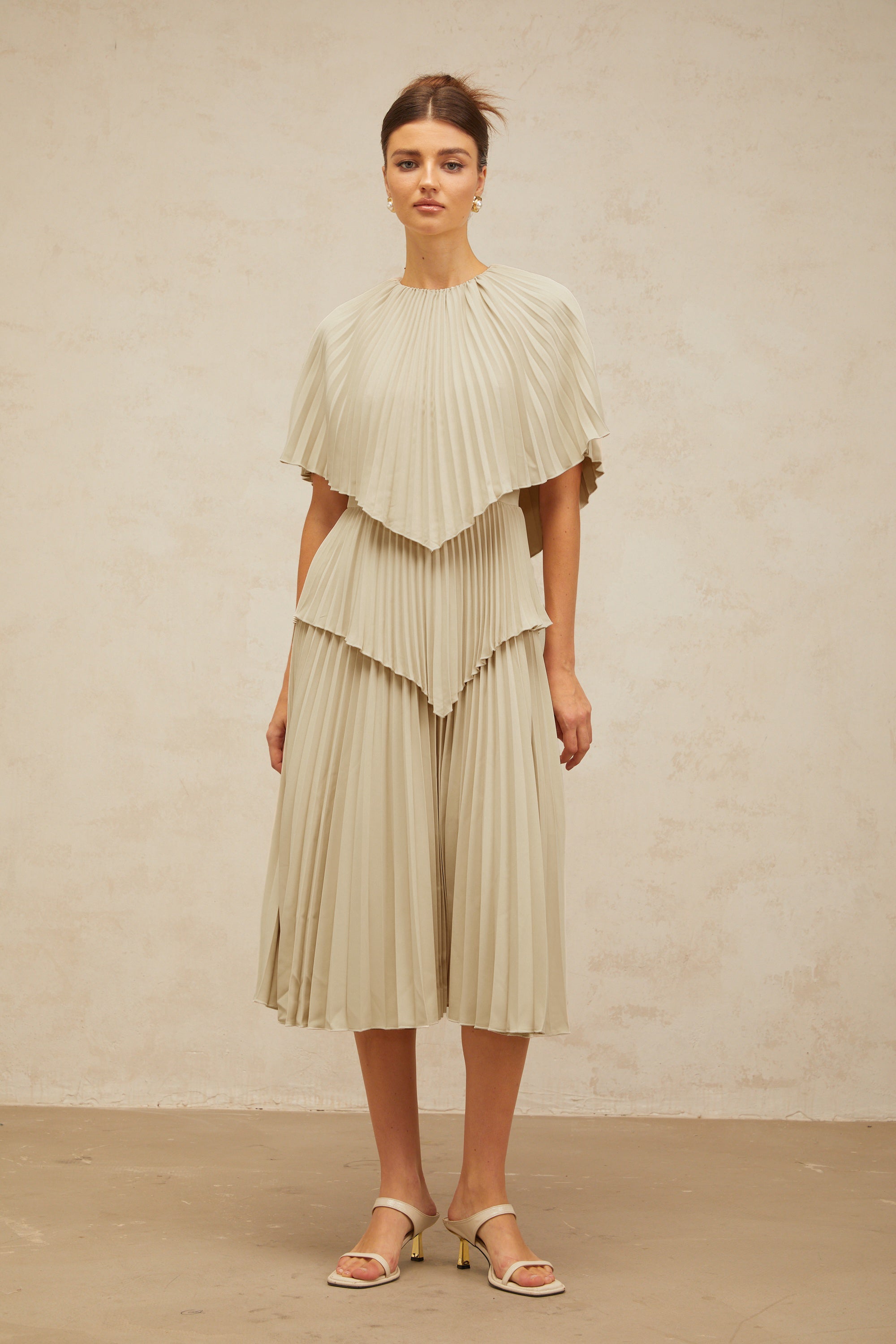 Héloïse neutrals cape pleated midi dress (Final Sale-US Only)