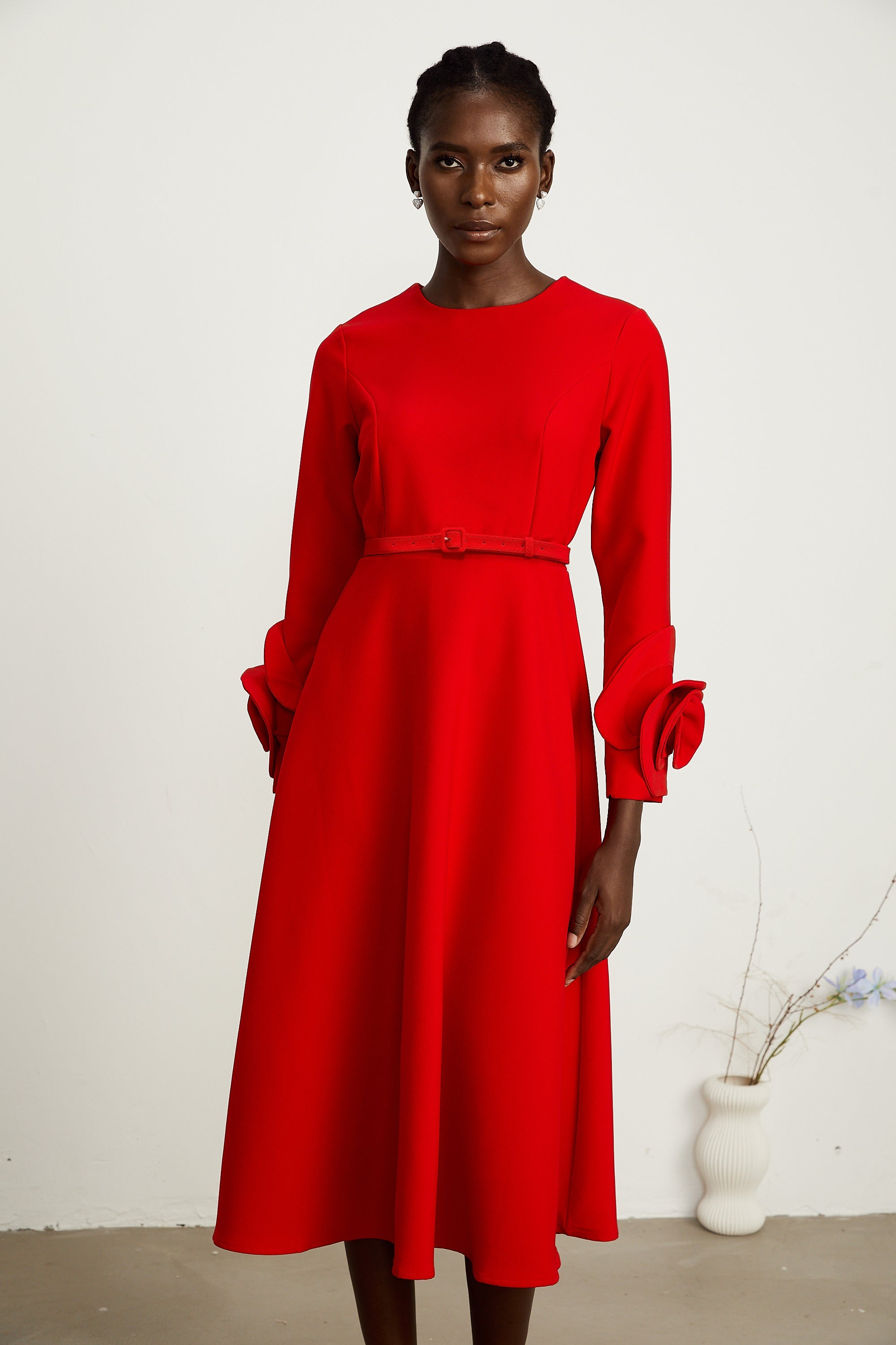 Aurelia red long-sleeve dress with floral embellishments (Final Sale)