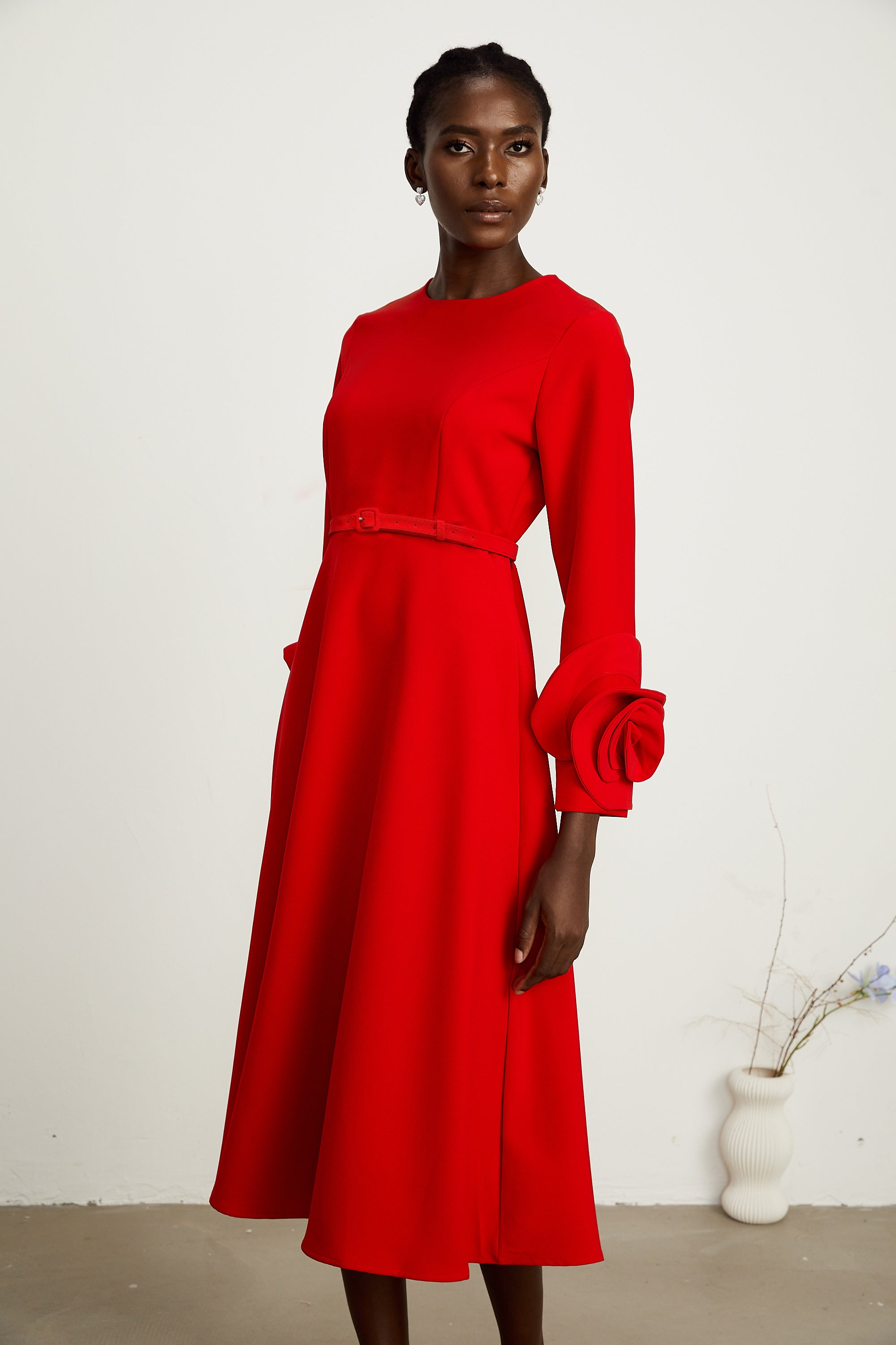 Aurelia red long-sleeve dress with floral embellishments (Final Sale)