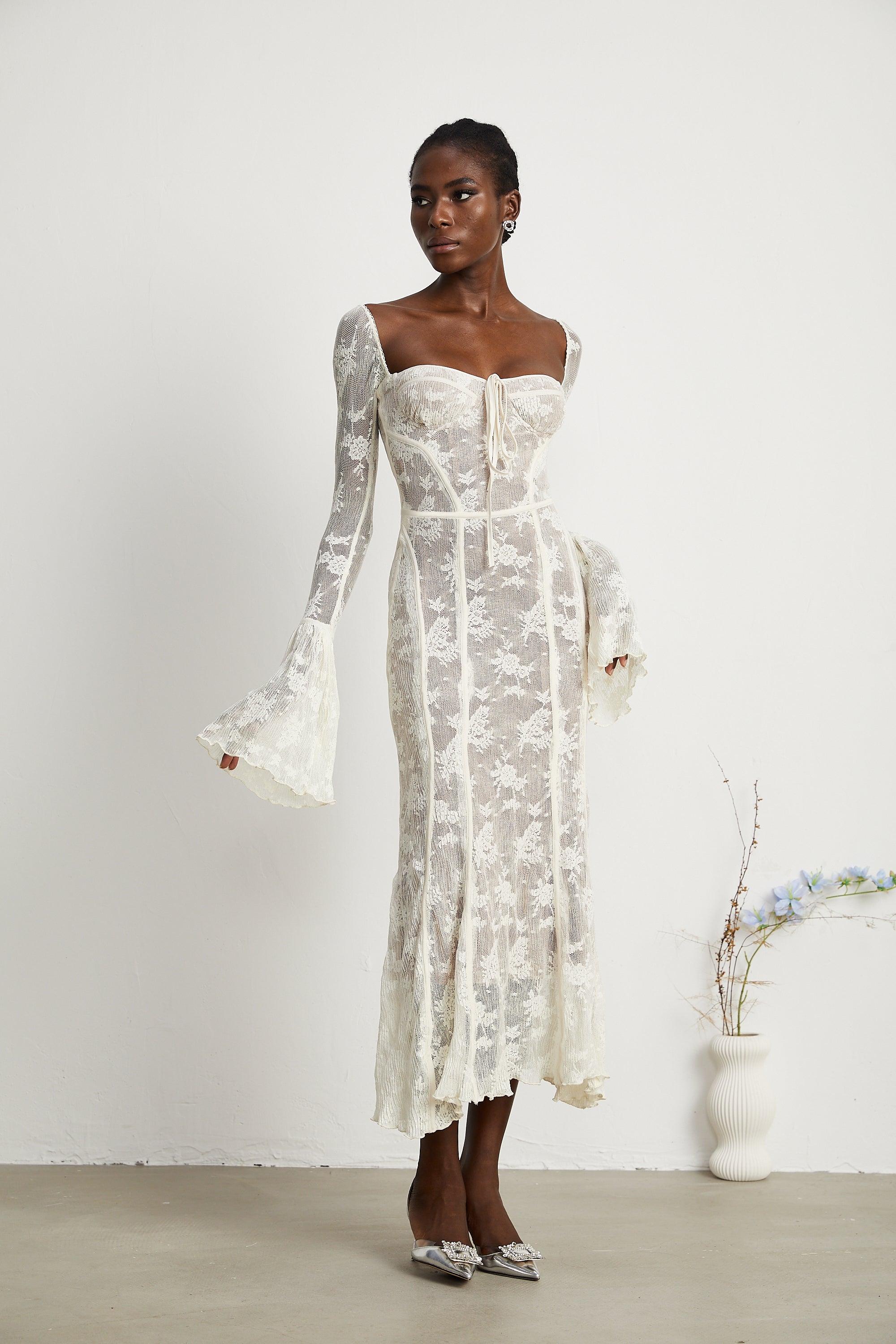 Marlene White Flared Lace Maxi Dress (Final Sale)