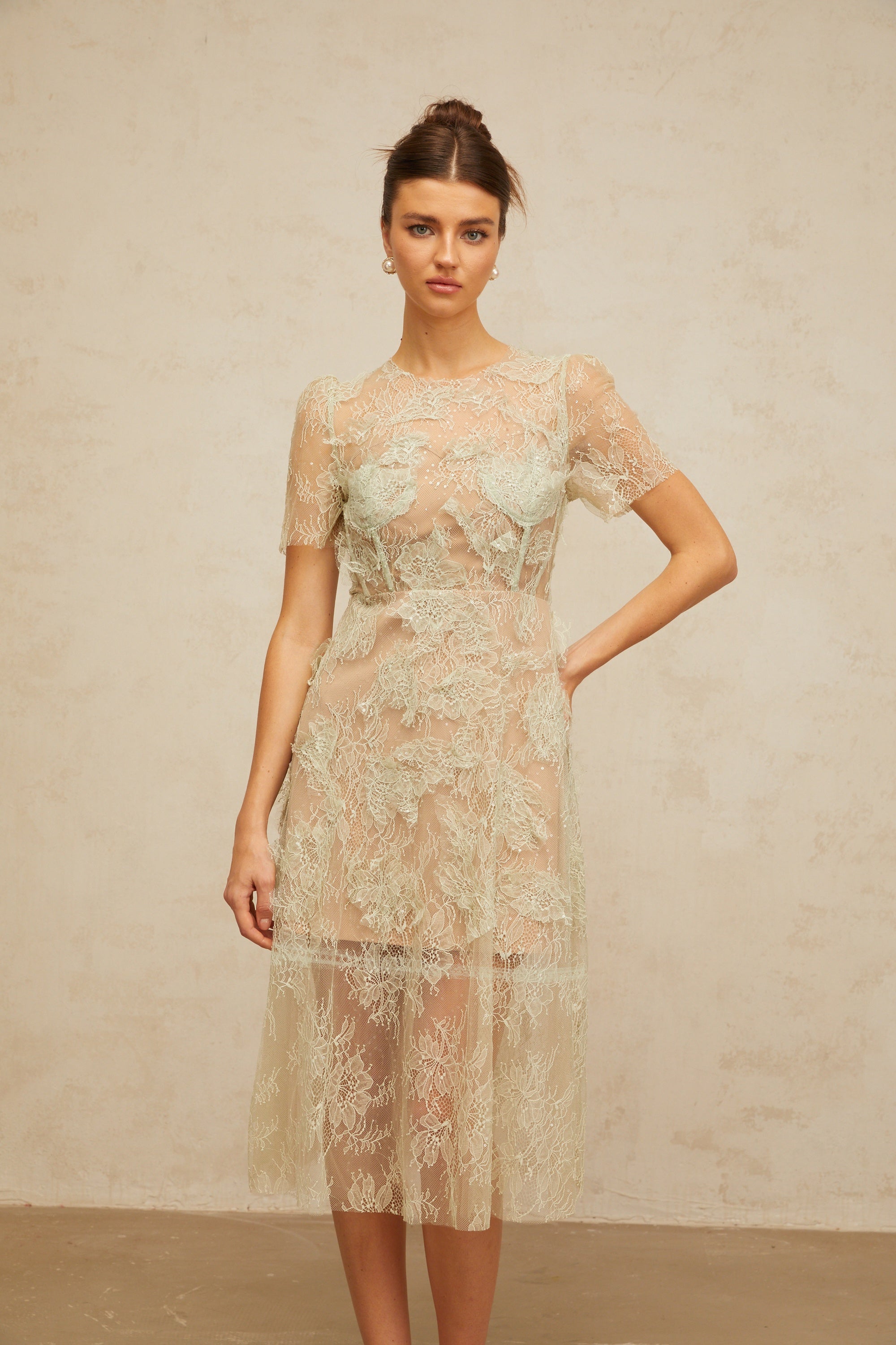 Xaviera mint-green floral-lace midi dress (Final Sale)