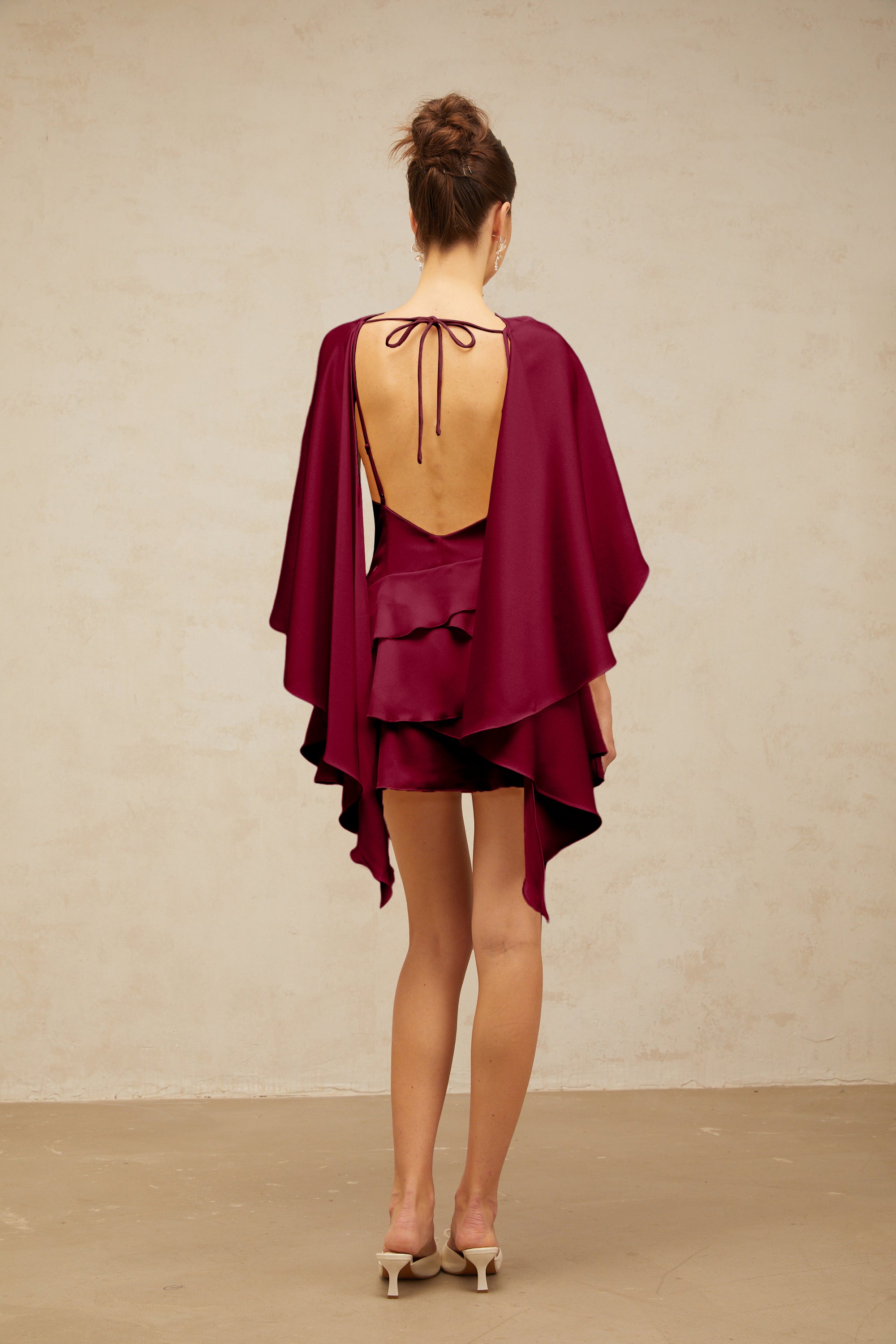 Lyna shawl-panel ruffled satin mini dress in Red