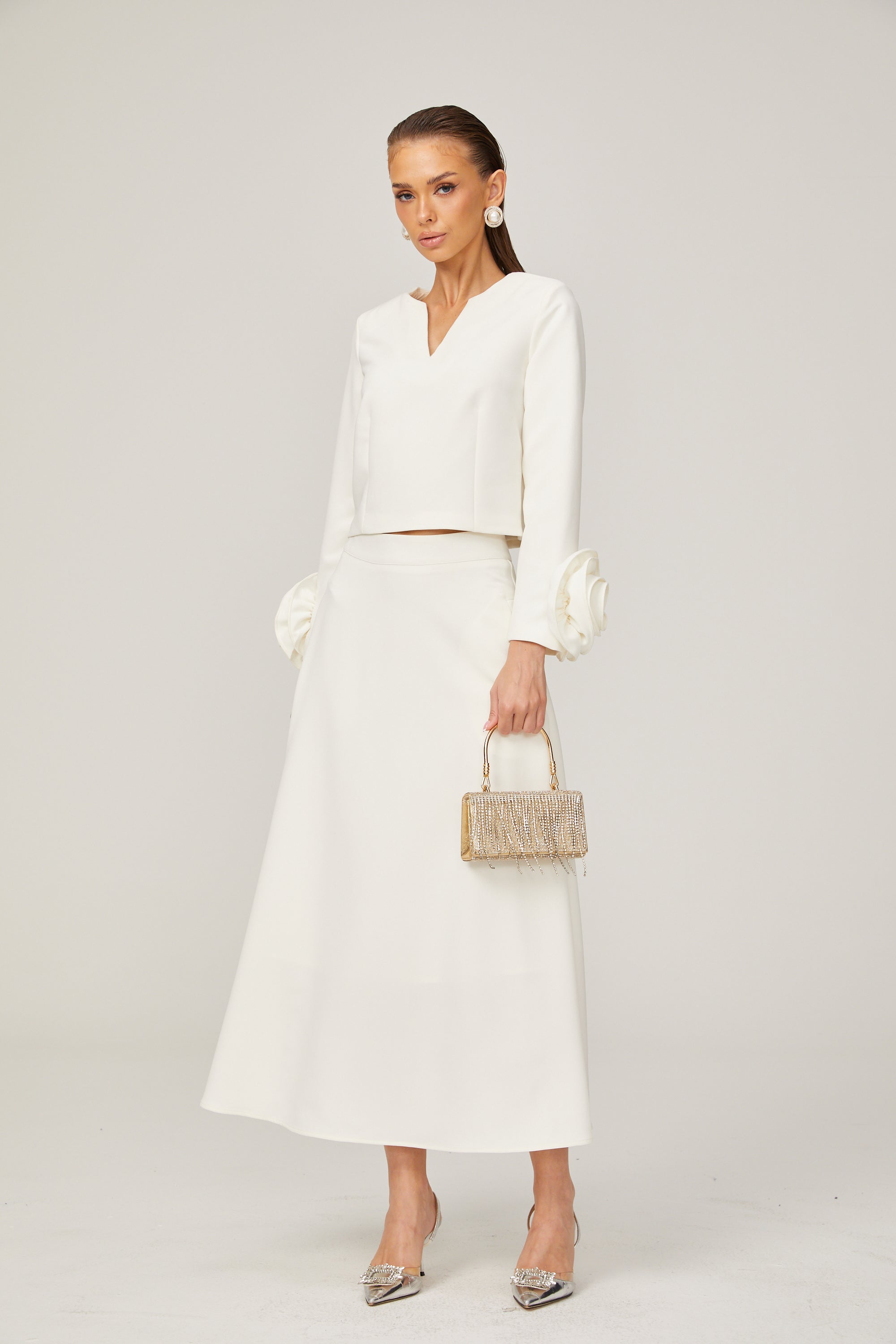 Hilaire white 3d-petal top & skirt matching set (Final Sale-US Only)