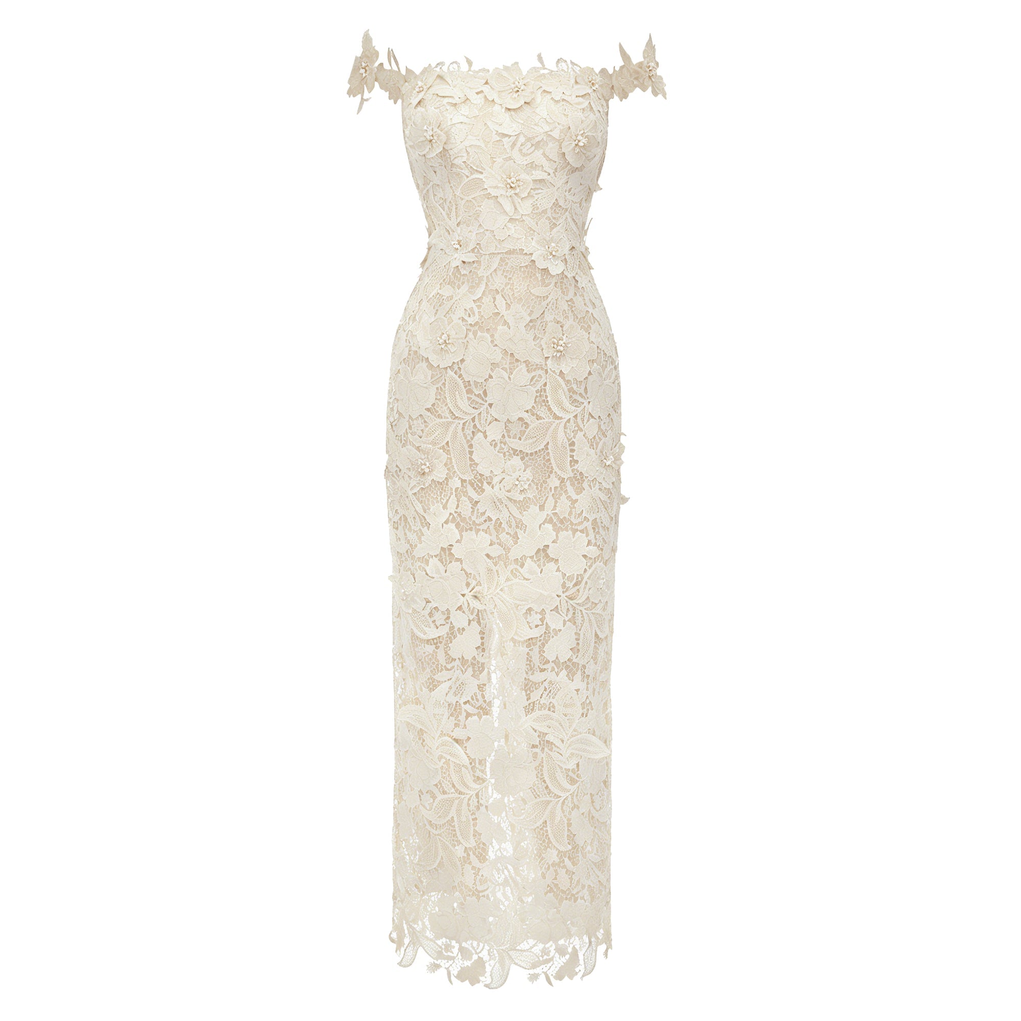 Hecate White Beaded Lace Maxi Dress with 3D Florals (Final Sale-US Only)