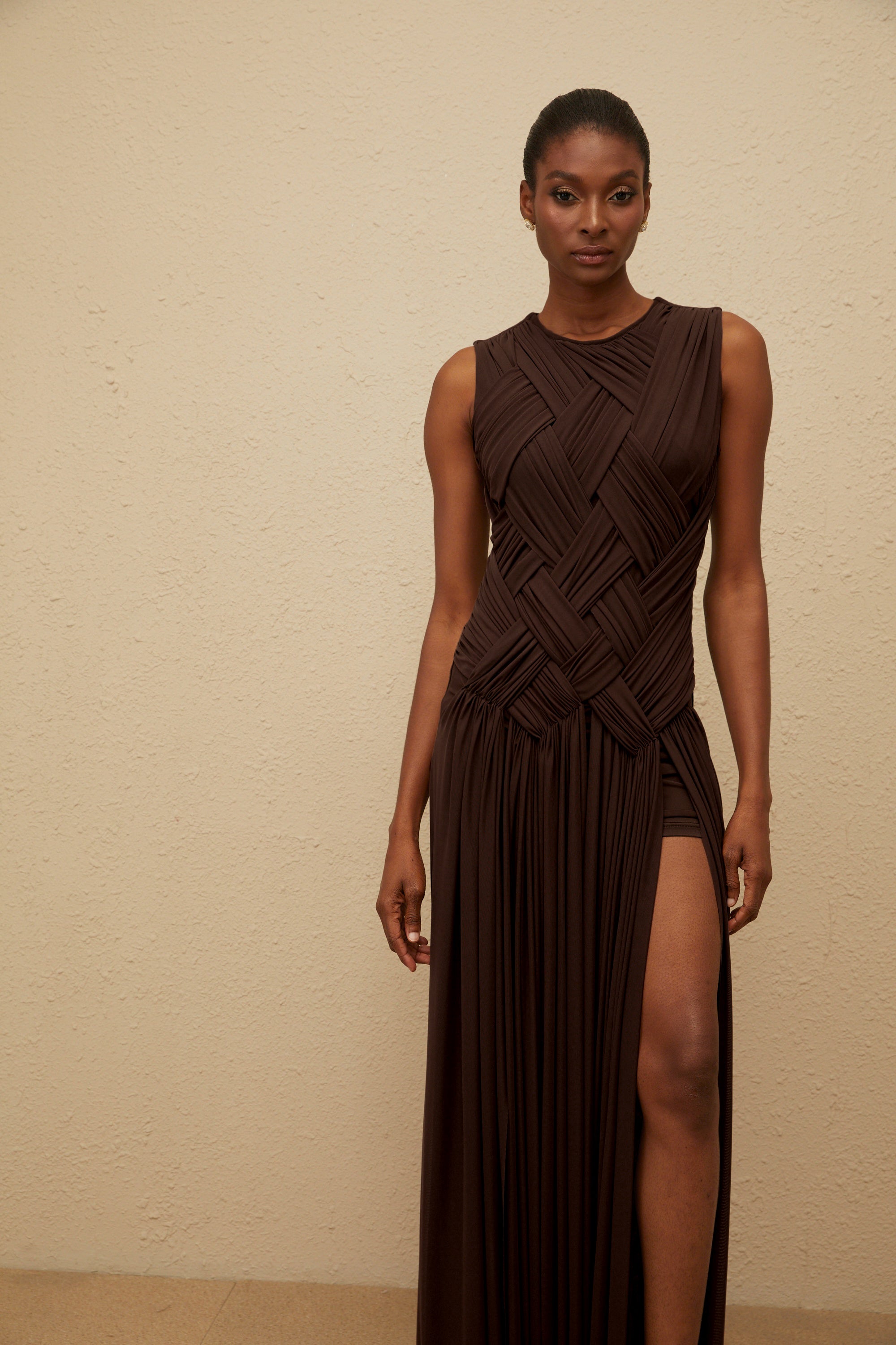 Daphné Brown Asymmetrical Braided Tulle Midi Dress (Final Sale-US Only)