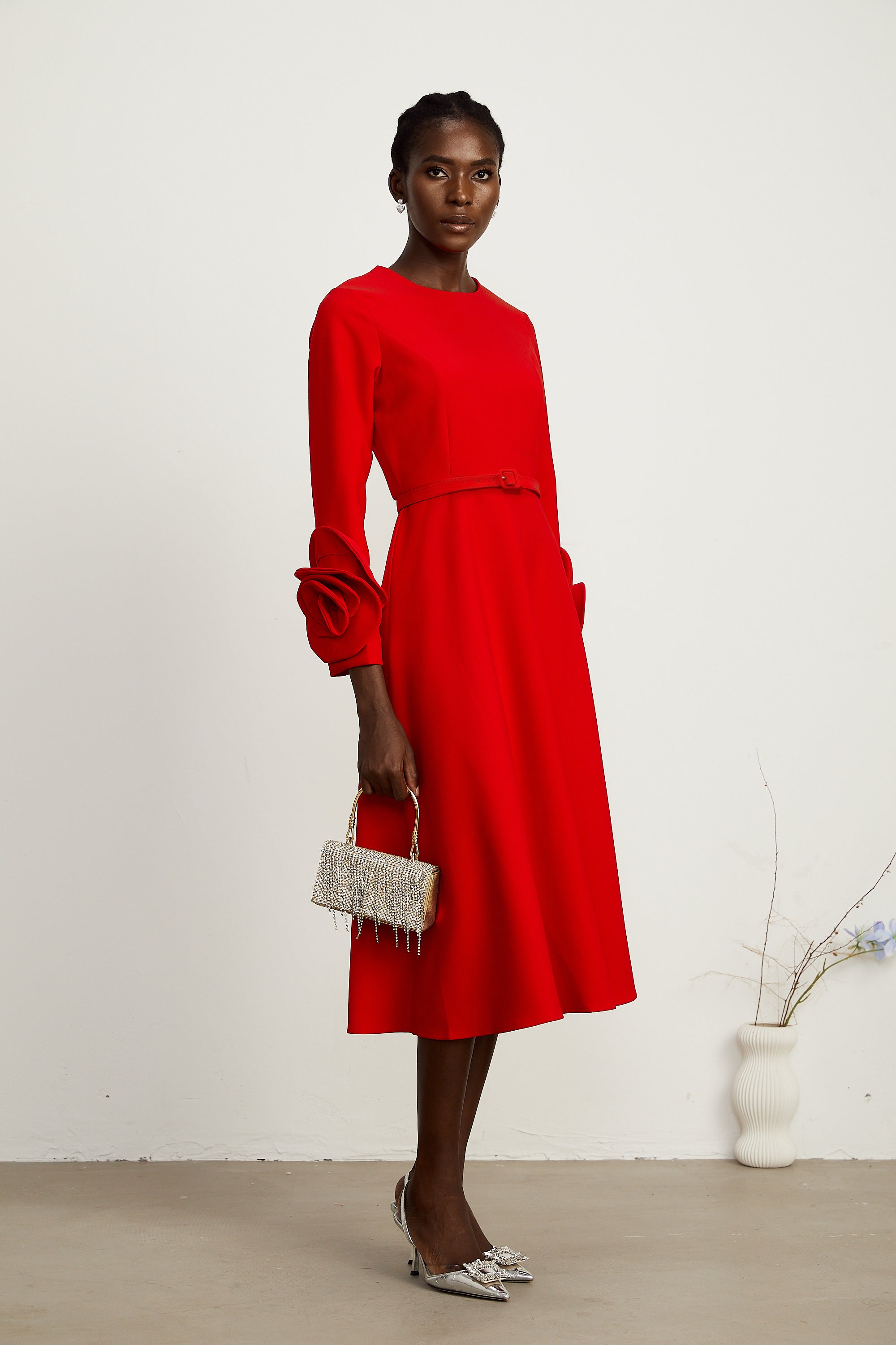 Aurelia red long-sleeve dress with floral embellishments (Final Sale-US Only)