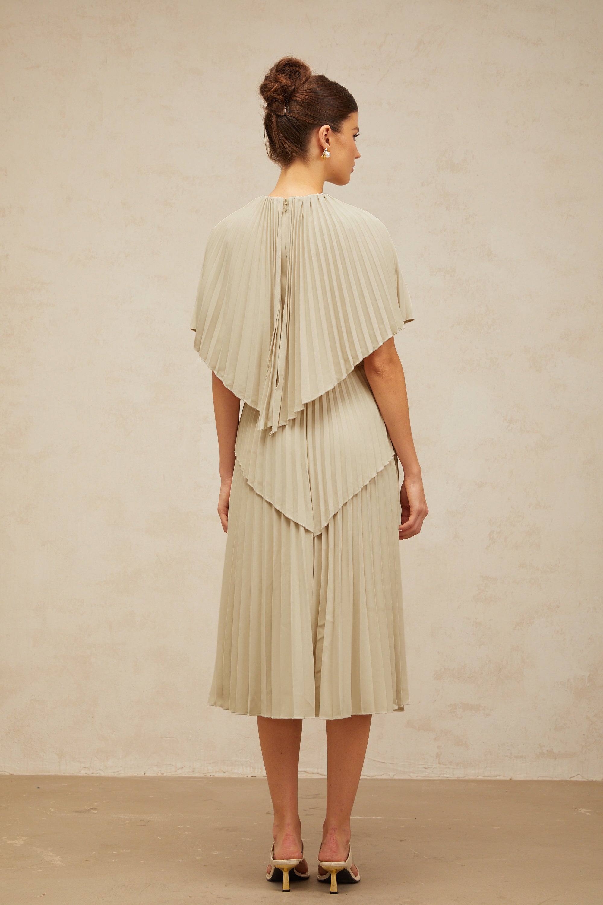 Héloïse neutrals cape pleated midi dress (Final Sale-US Only)