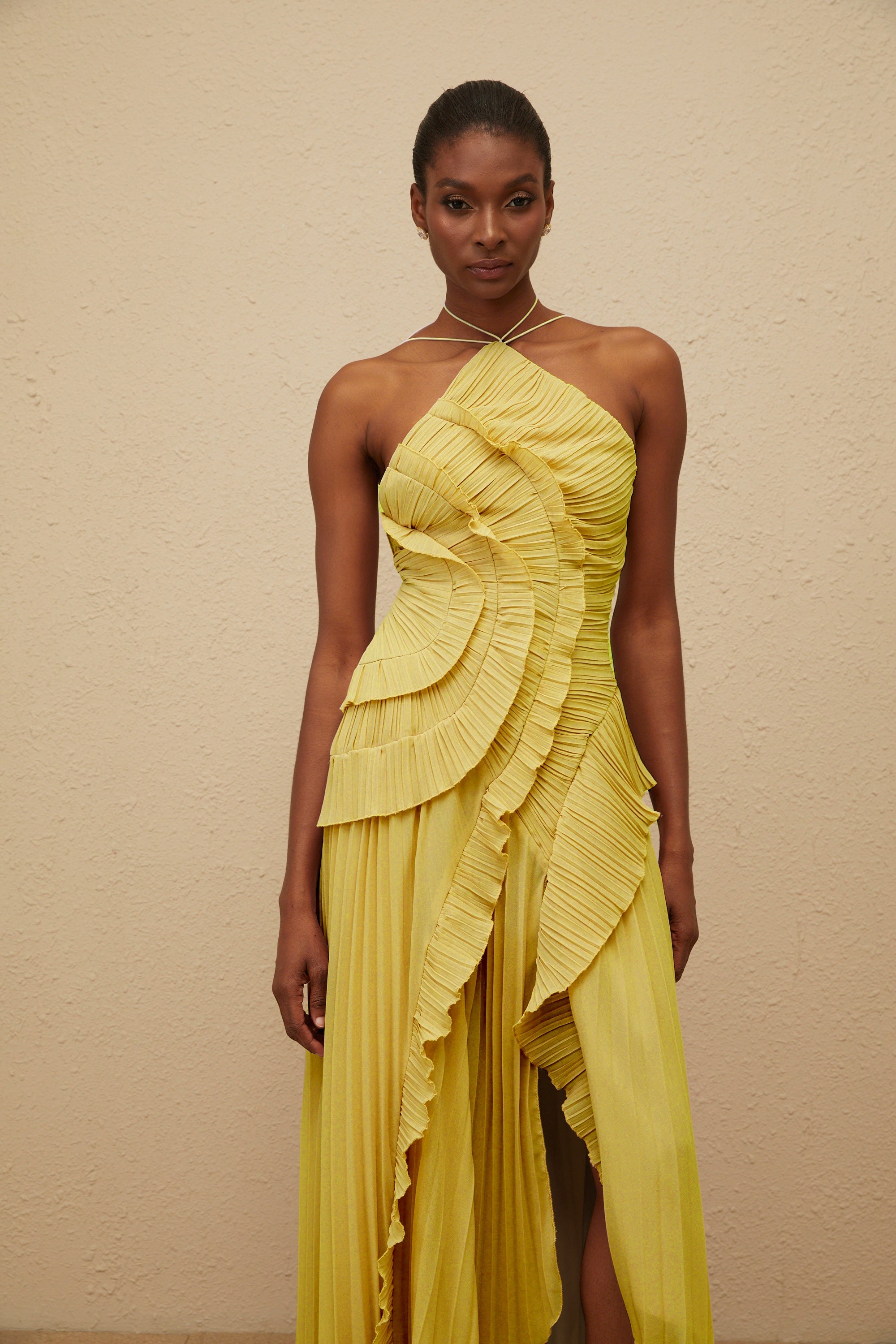 Doux Yellow Ruffled Trim Pleated Midi Dress (Final Sale)