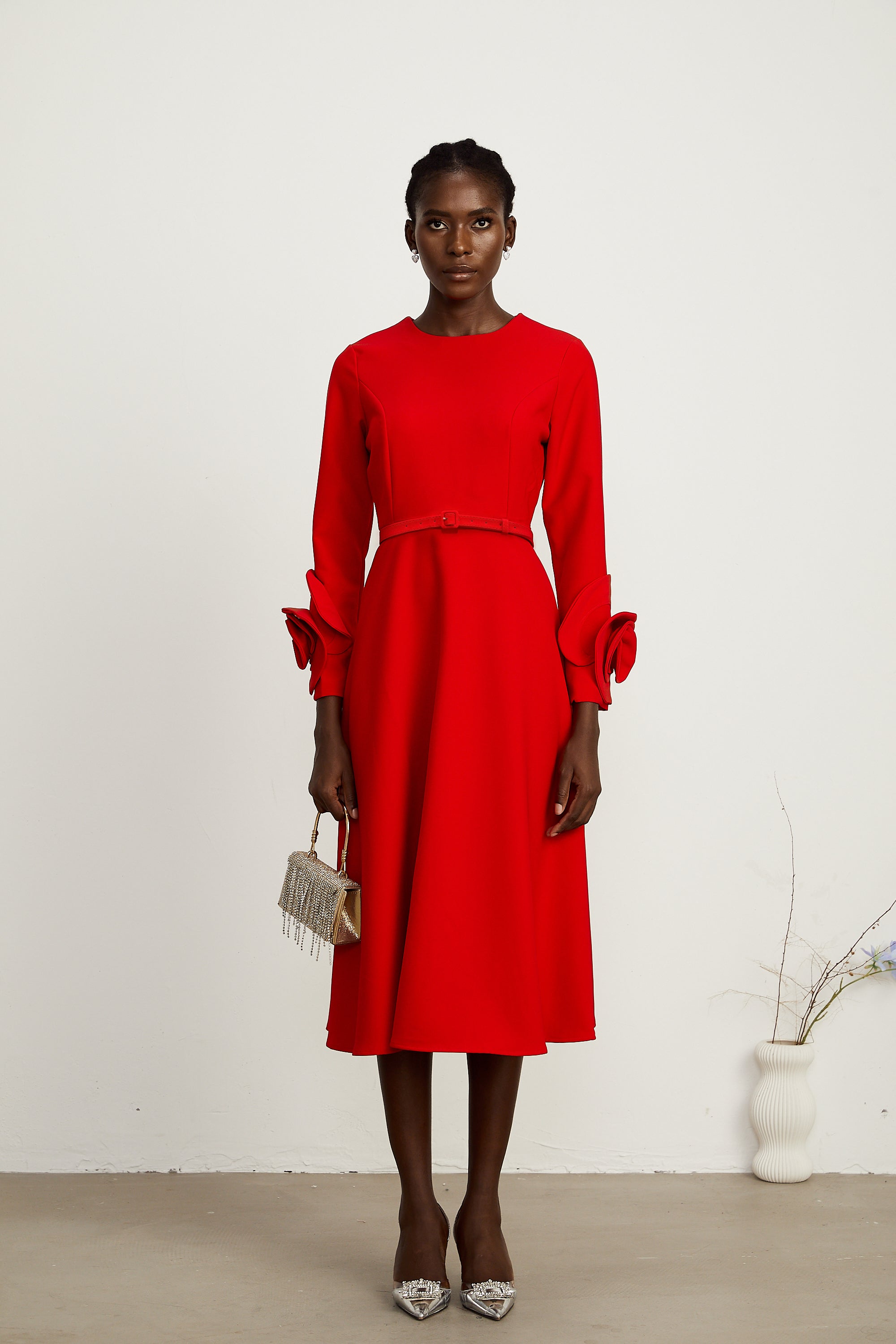 Aurelia red long-sleeve dress with floral embellishments (Final Sale)