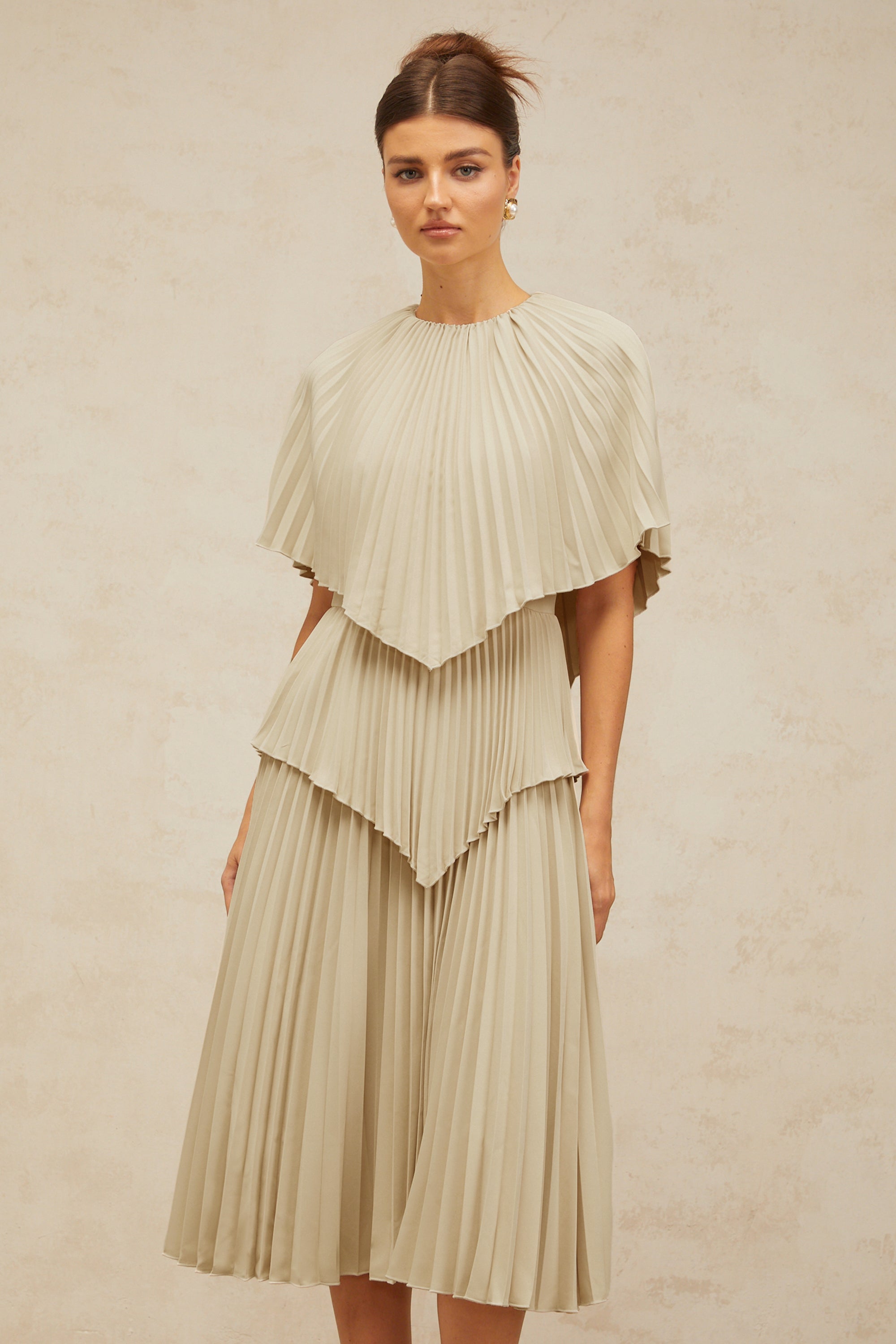 Héloïse neutrals cape pleated midi dress (Final Sale-US Only)
