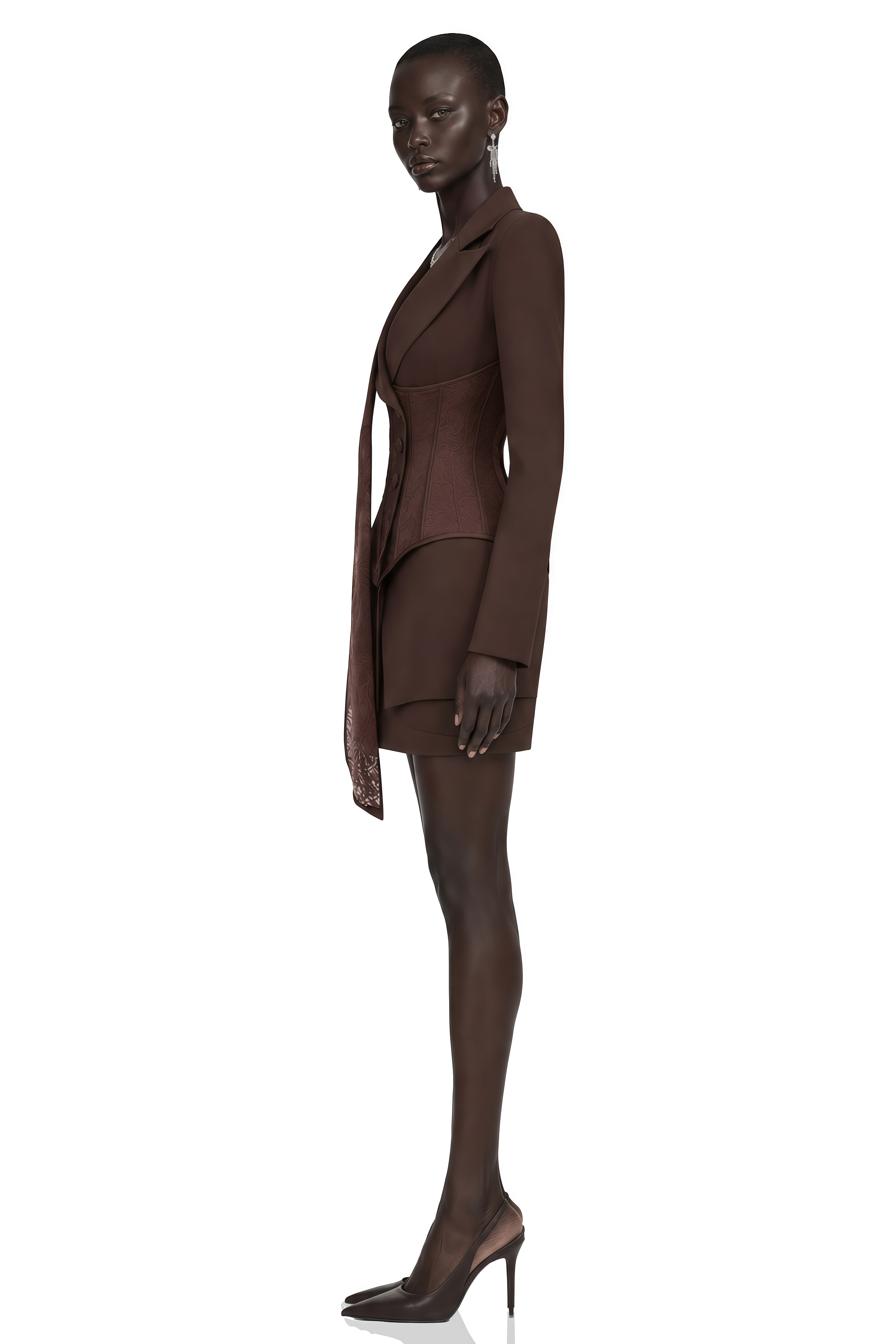 Sienna Brown Blazer & Skirt Set with Lace Panels