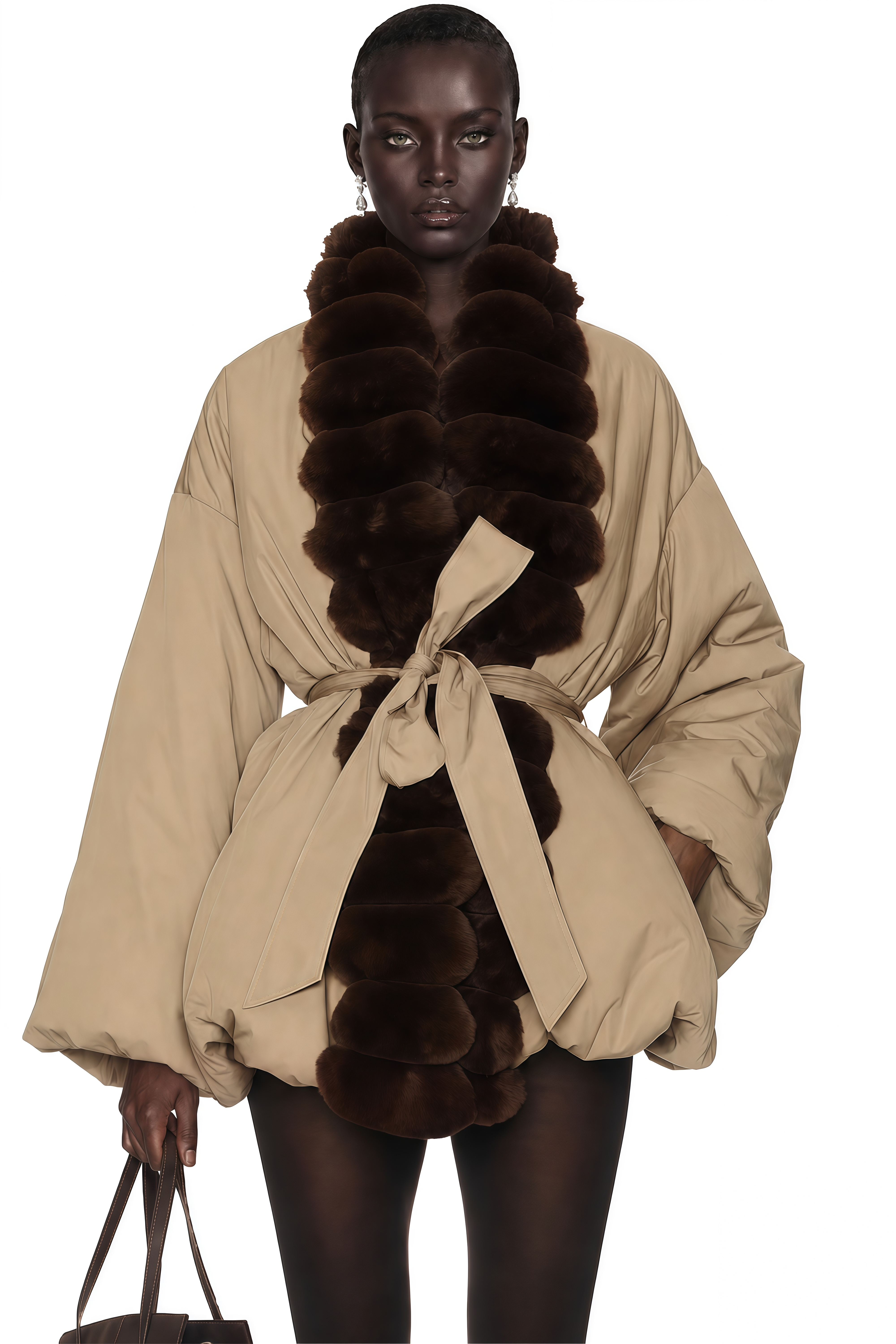 Ileana Khaki Fur Trim Bubble Down Jacket