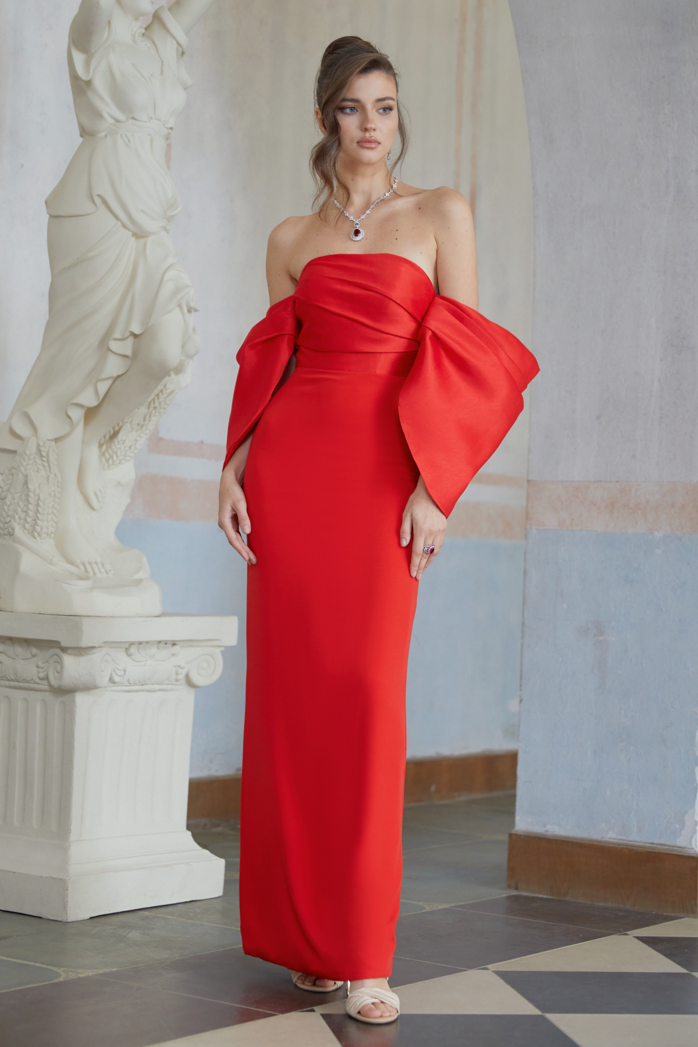 Verity Red Off Shoulder Gathered Maxi Gown (Final Sale-US Only)