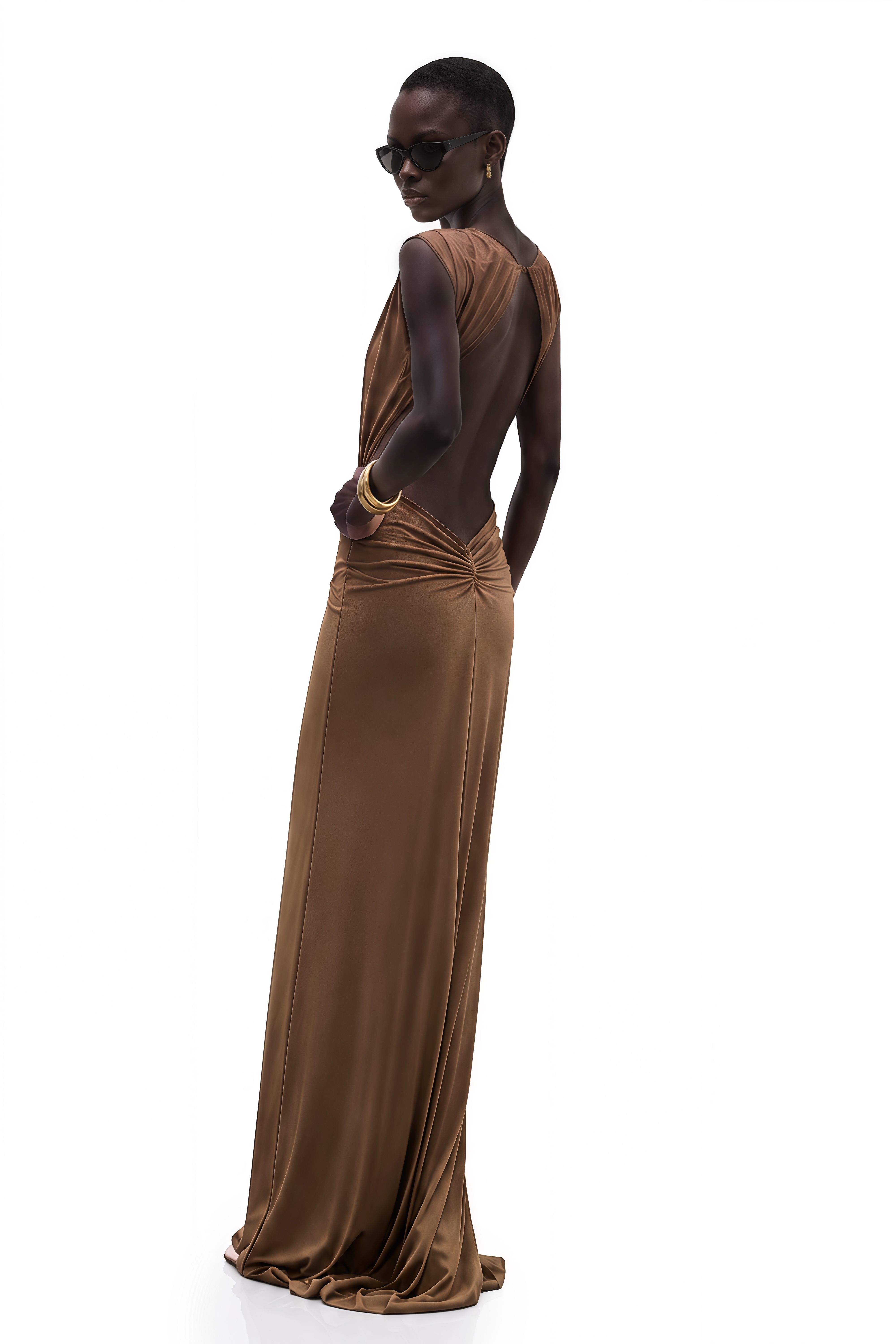 Else Brown Deep V-Neck Twisted Maxi Dress