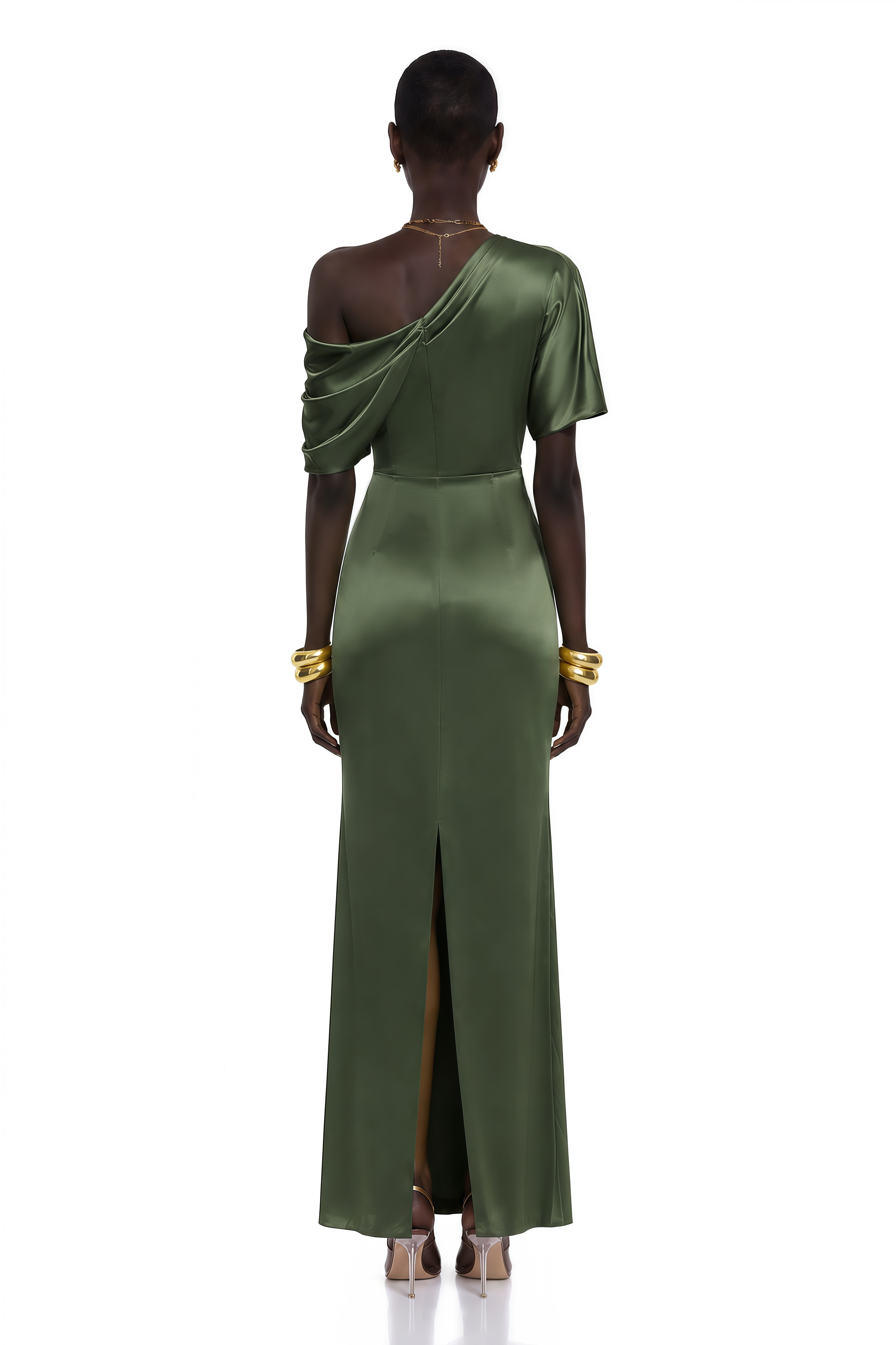 Roshan Emerald Green One Shoulder Satin Maxi Dress