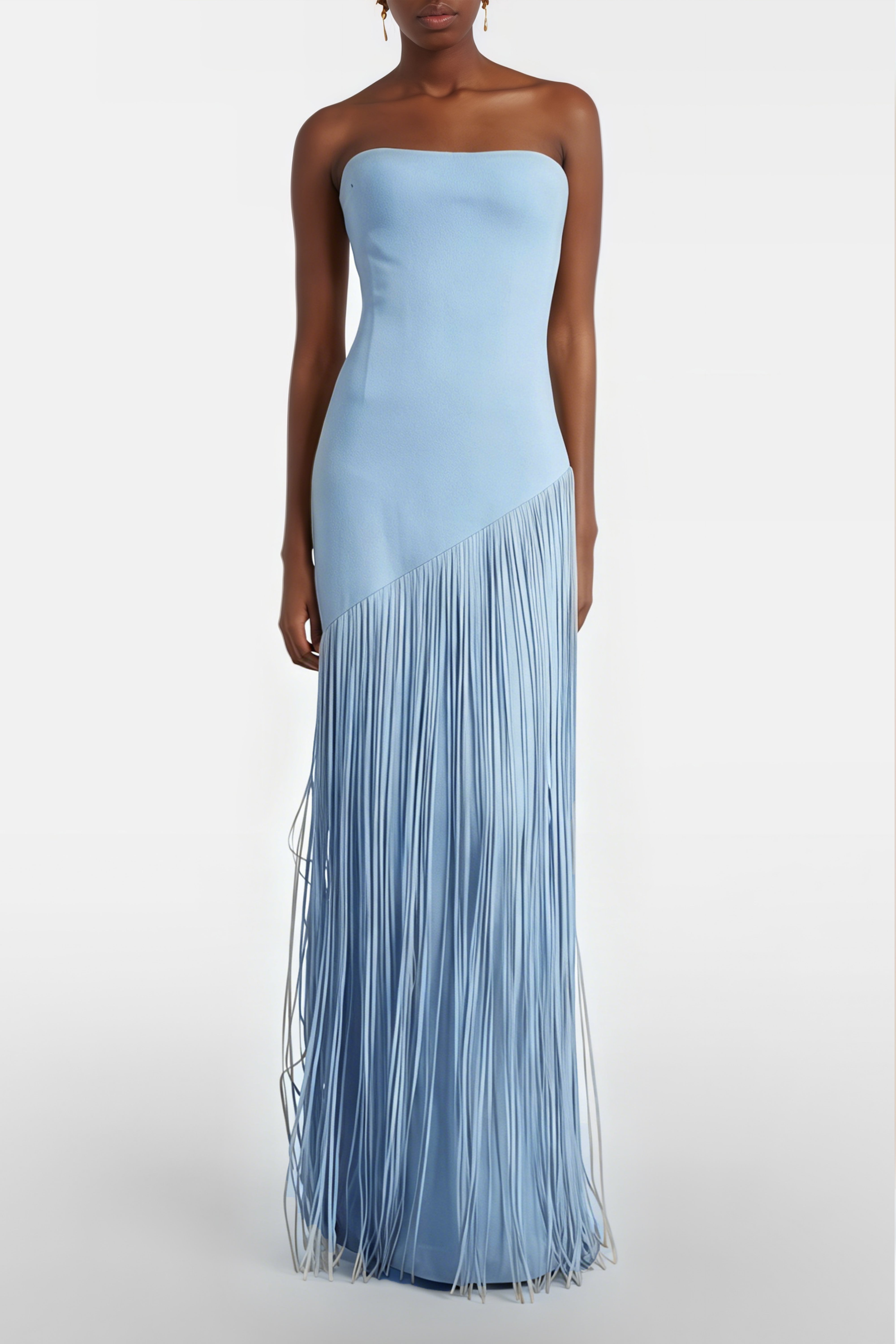 Light blue cape-style gown with a long fringed skirt