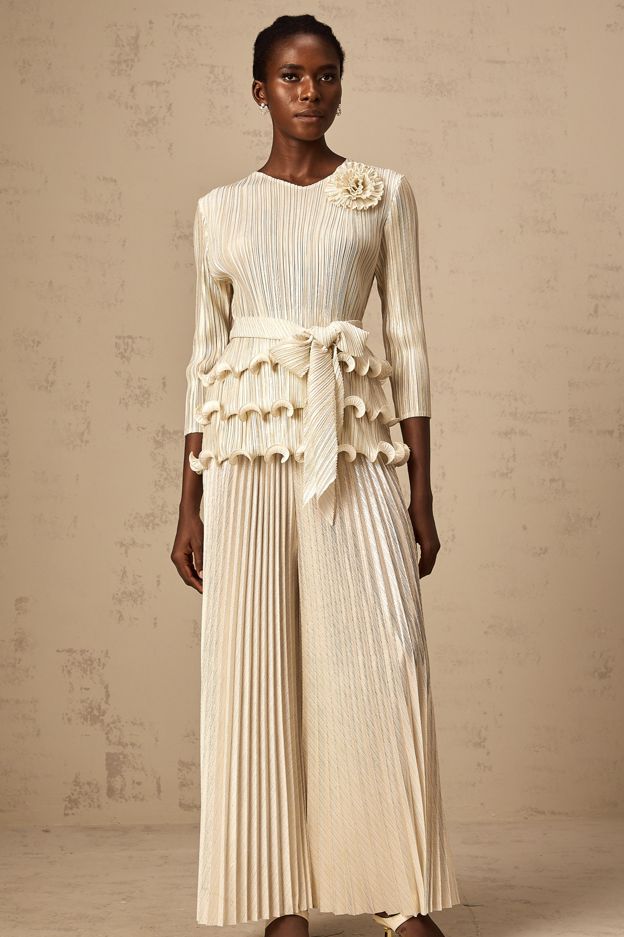 Cloris floral-appliqué ruffled pleated top & trousers (Final Sale)
