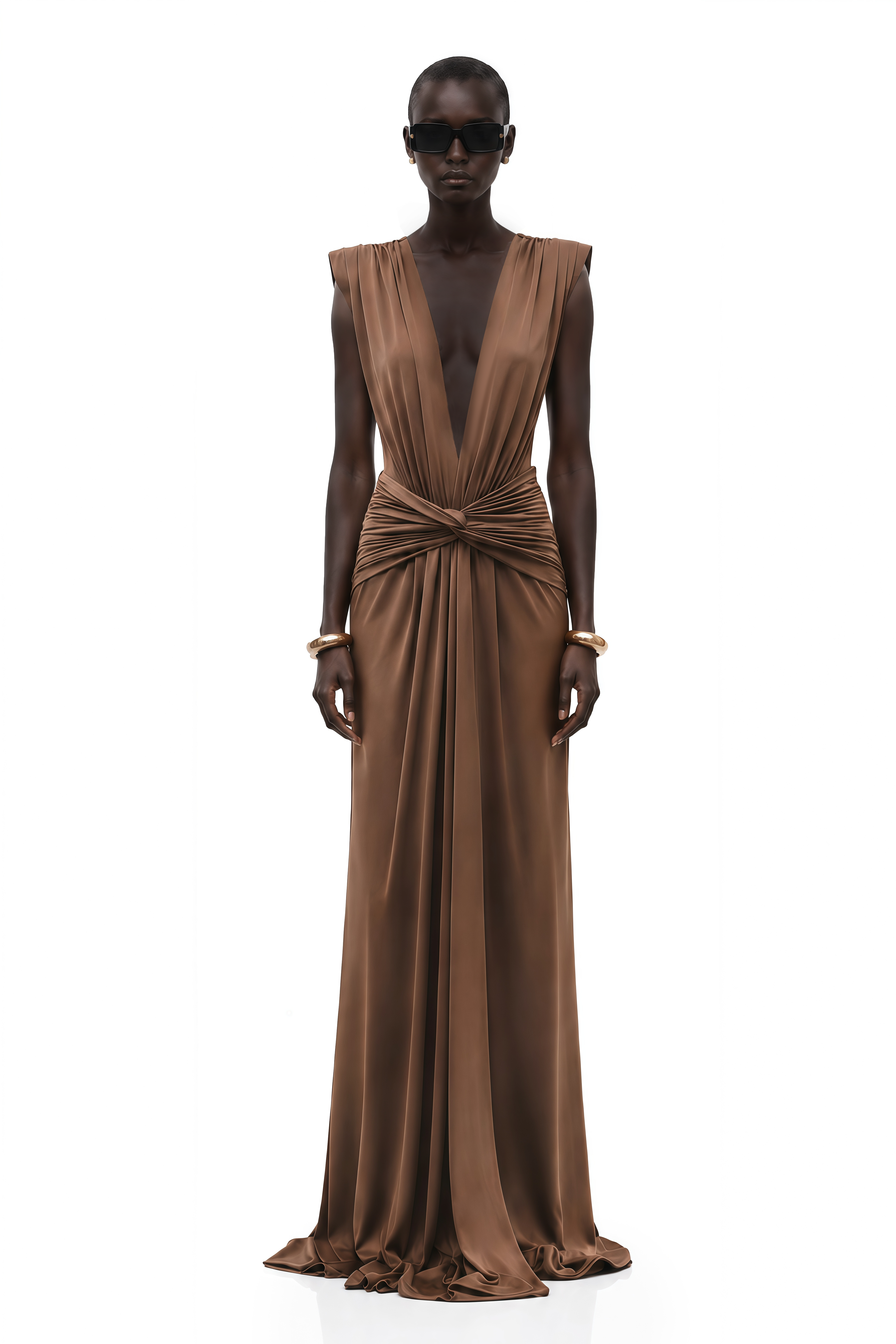 Else Brown Deep V-Neck Twisted Maxi Dress