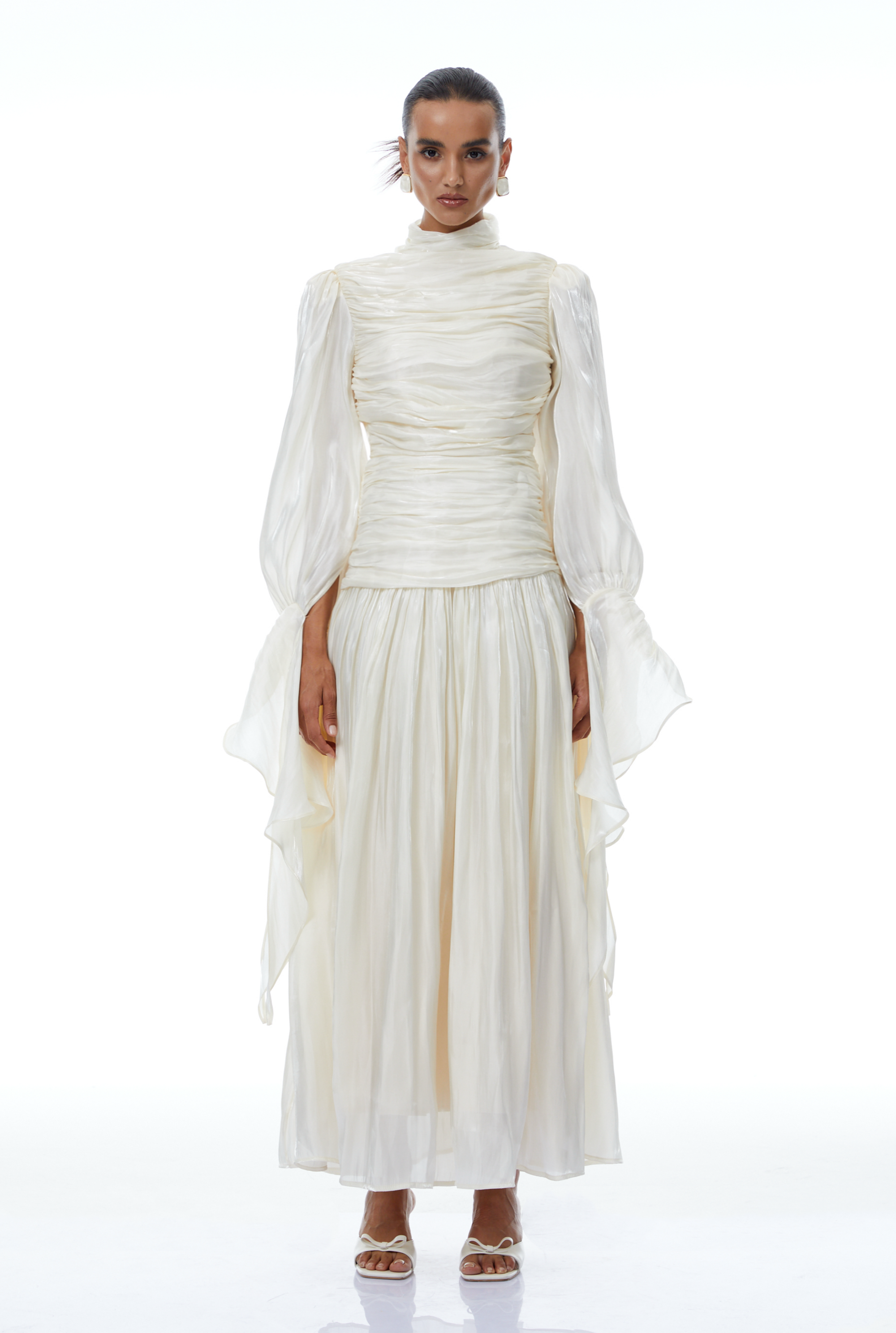 Sarolta Neutral Glossy Ruched Maxi Dress (Final Sale)