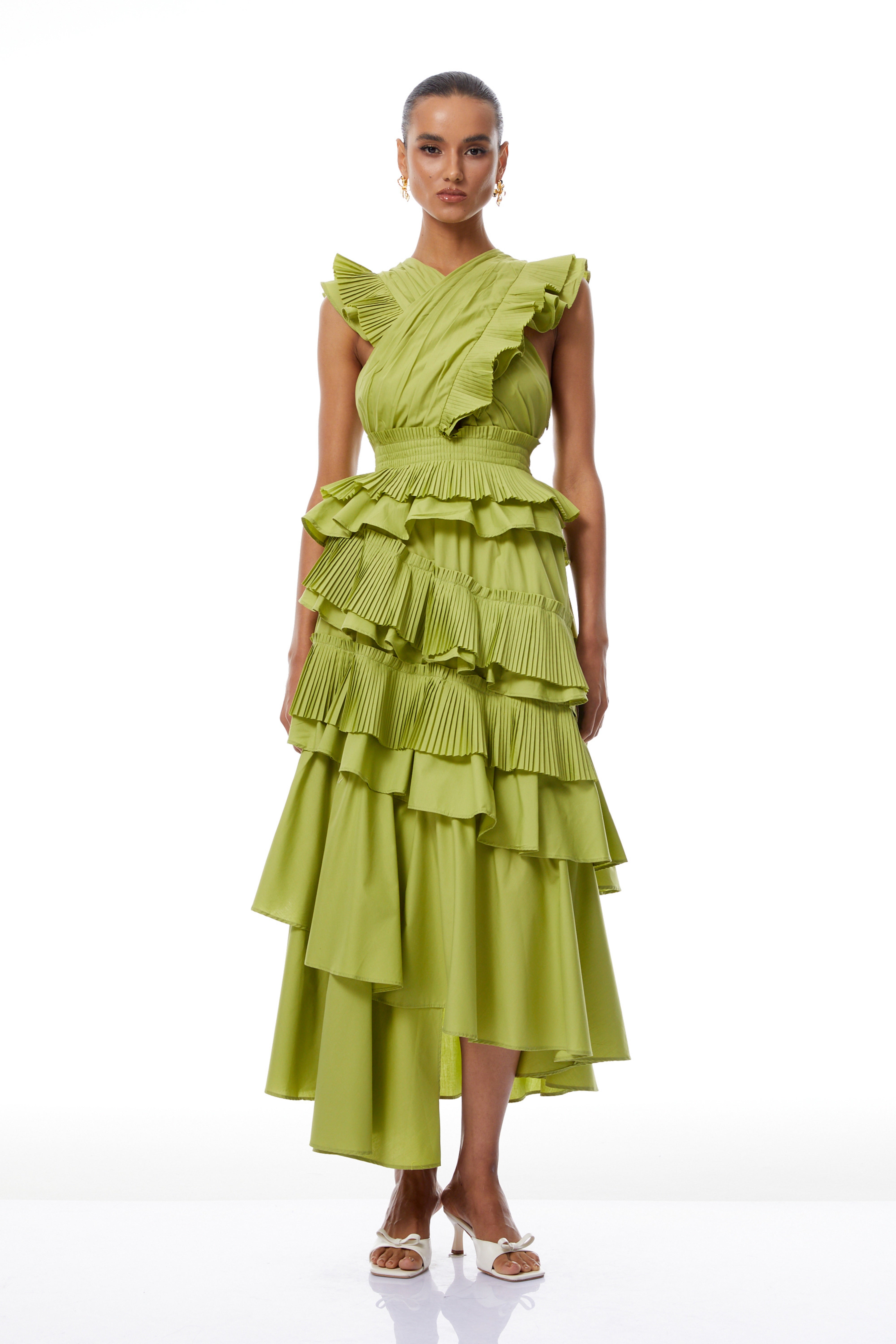 Raffaella Green Asymmetrical Ruffled Tiered Midi Dress (Final Sale)