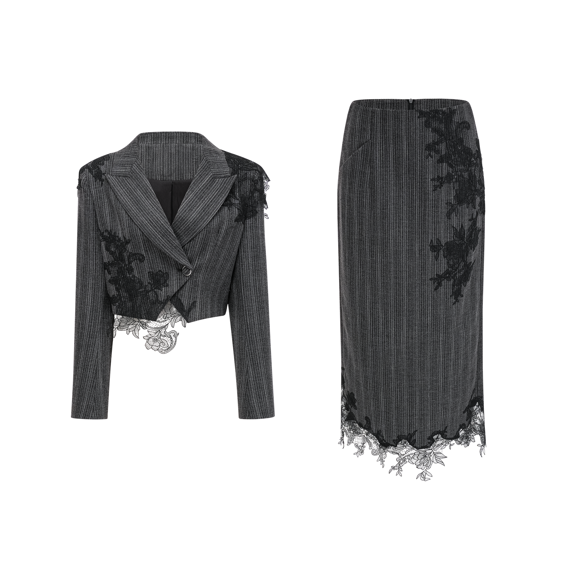 Sidonie Grey Floral Appliqué Striped Blazer & Skirt Set (Final Sale)