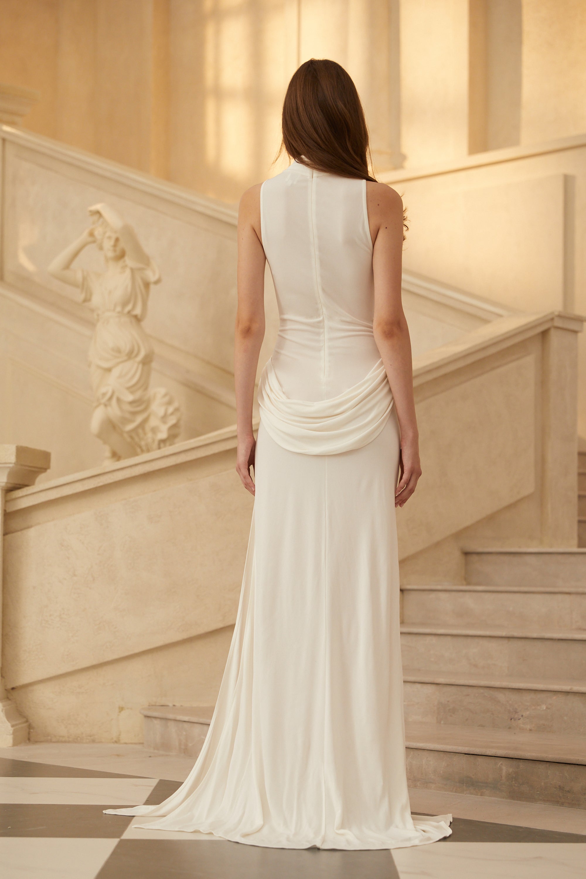 Mystérieuse White Turtleneck Draped Maxi Dress (Final Sale)
